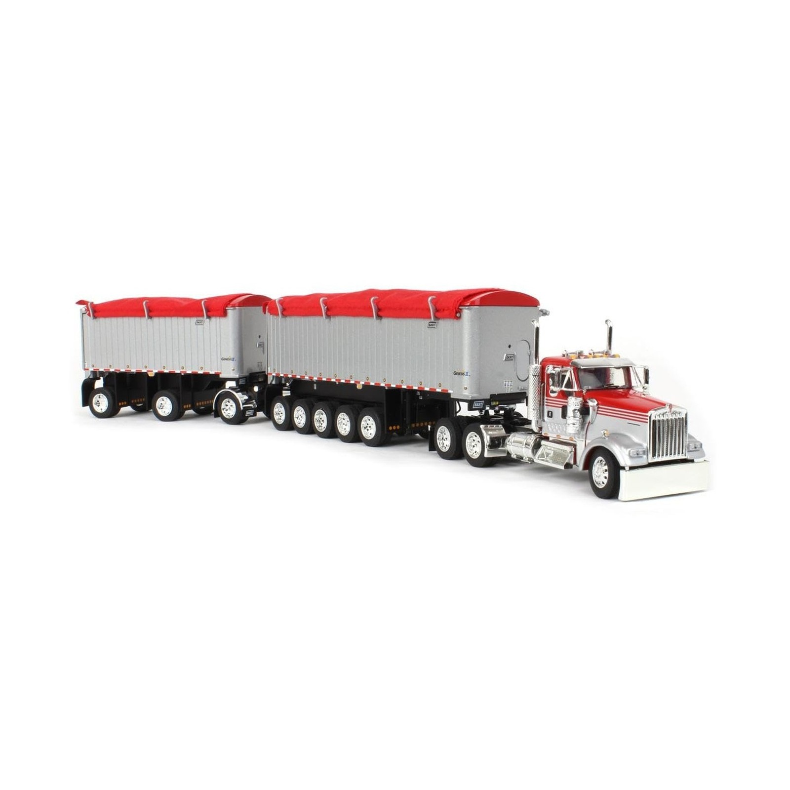 DCP 1/64 Viper Red/Silver Kenworth W900L w/ 31ft & 20ft End Dump Trailers, by…