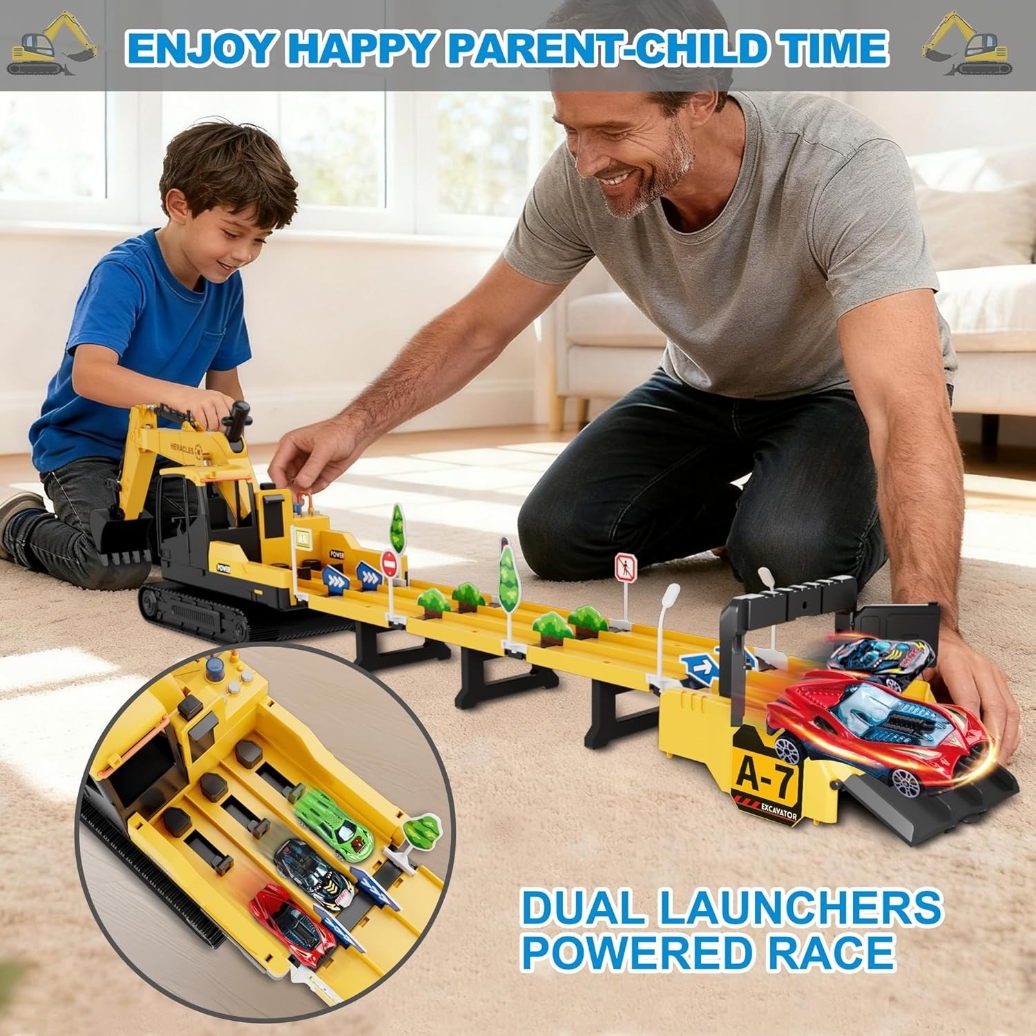Toy Excavator Ejectable & Transformable +6 Cars + Tracks Lights & Sounds NIB