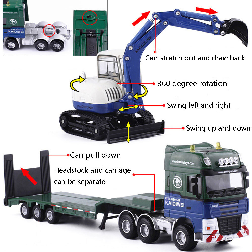 1:50 Flatbed Truck with Excavator Playset Diecast Construction Vehicle for Boys