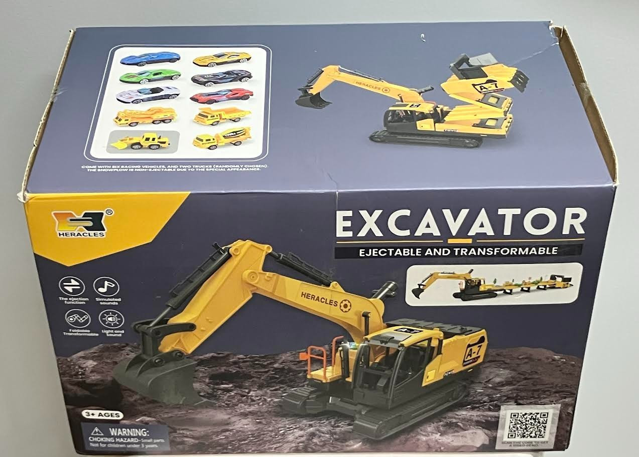 Toy Excavator Ejectable & Transformable +6 Cars + Tracks Lights & Sounds NIB