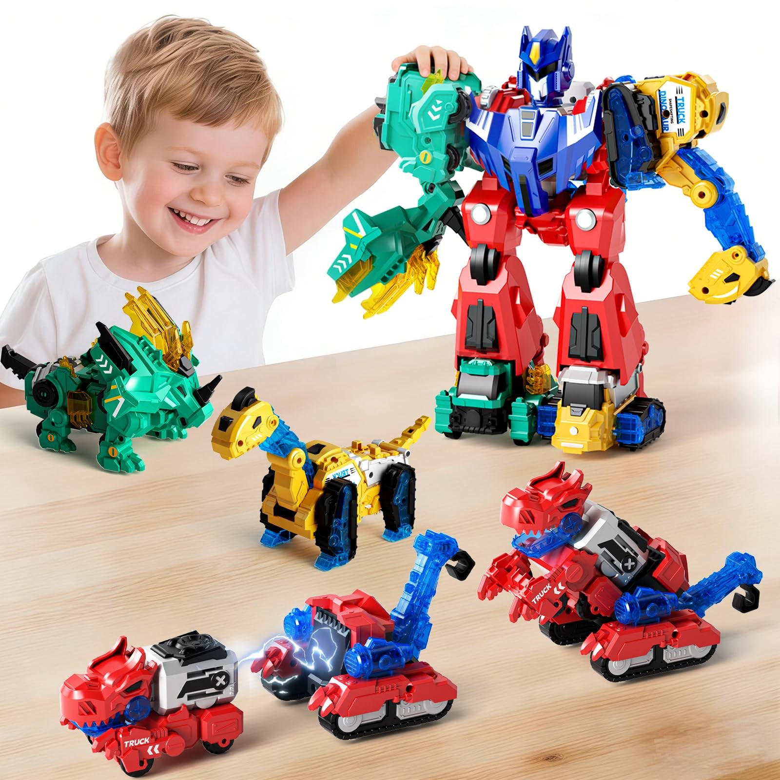 Magnetic Dinosaur Transforming Robot Toys, 6-in-1 Dino Construction Trucks fo…