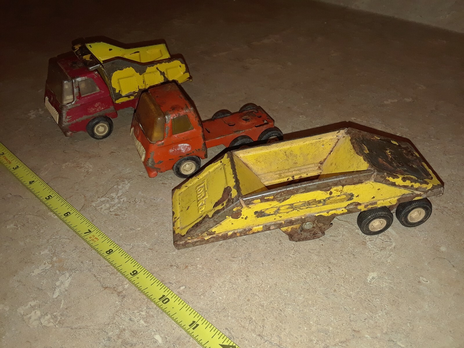 Vintage Tonka Lot: Orange Semi Cab, Yellow Bottom Dump, Red/Yellow Dump Truck
