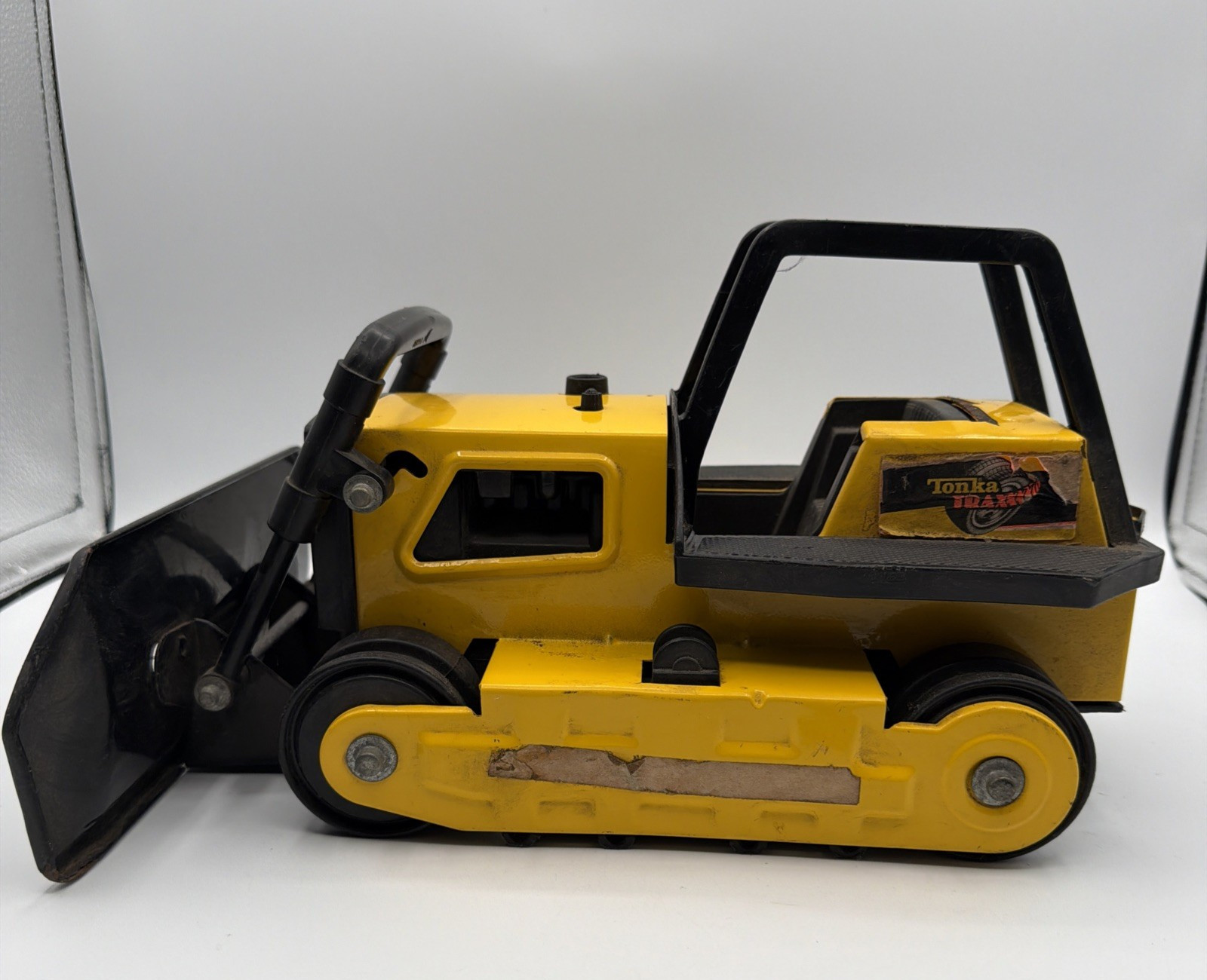 Vintage 1980s Tonka Trax Bulldozer Crawler: Pressed Steel Construction Toy 12″