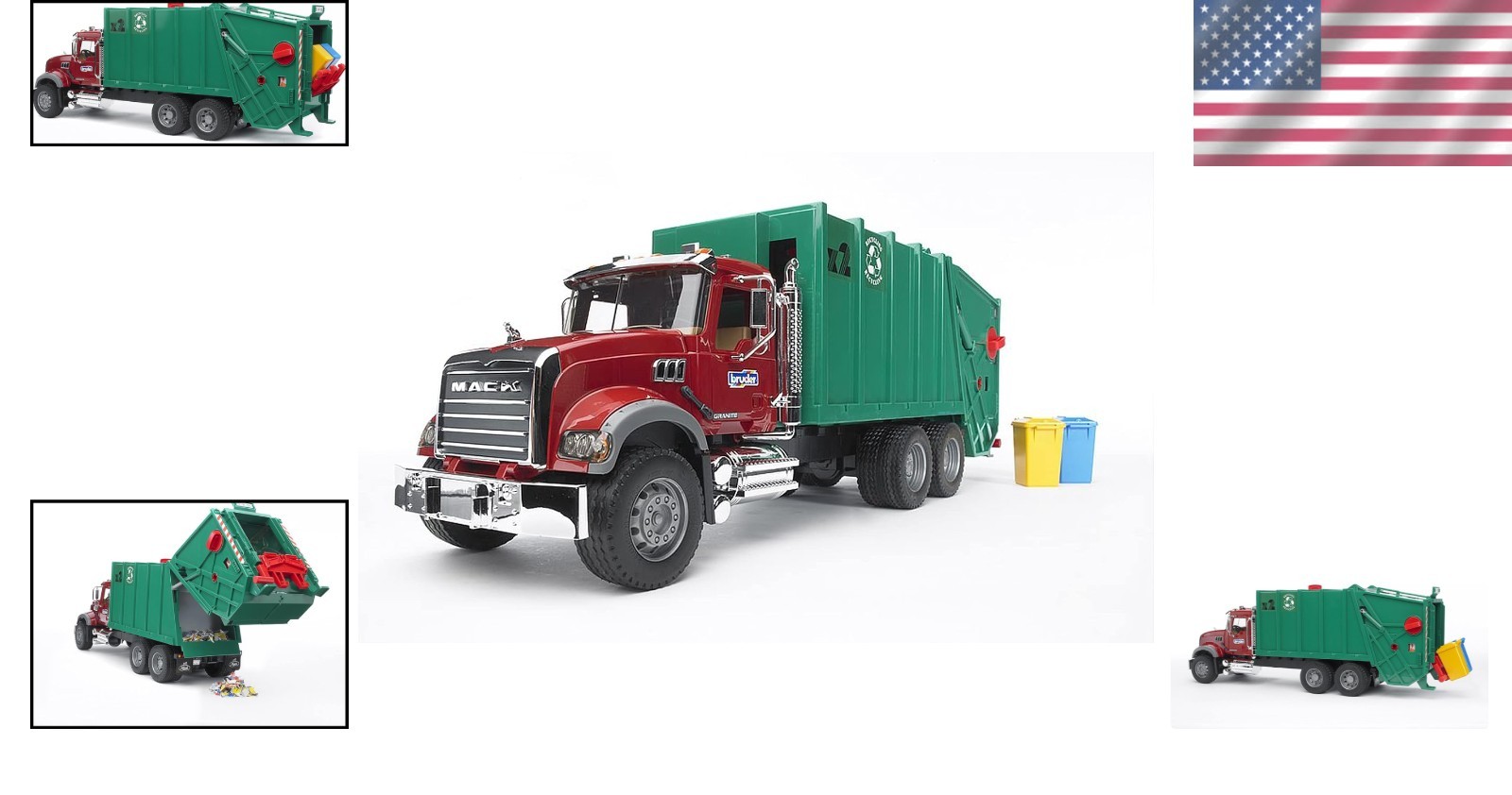 Realistic Mack Granite Rear Loading Garbage Truck for Kids | Ages 4+, Red/Green