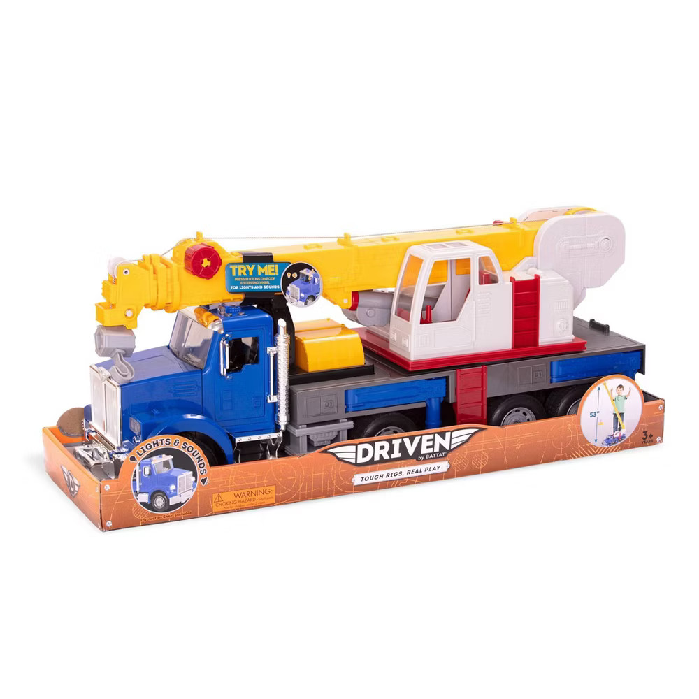 DRIVEN by Battat Jumbo Crane Truck Movable Arm Engine Sounds Lights Batteries