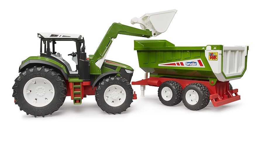 BRUDER # 03452 ROAD MAX TRACTOR W/ FRONTLOADER & REAR TIPPING TRAILER