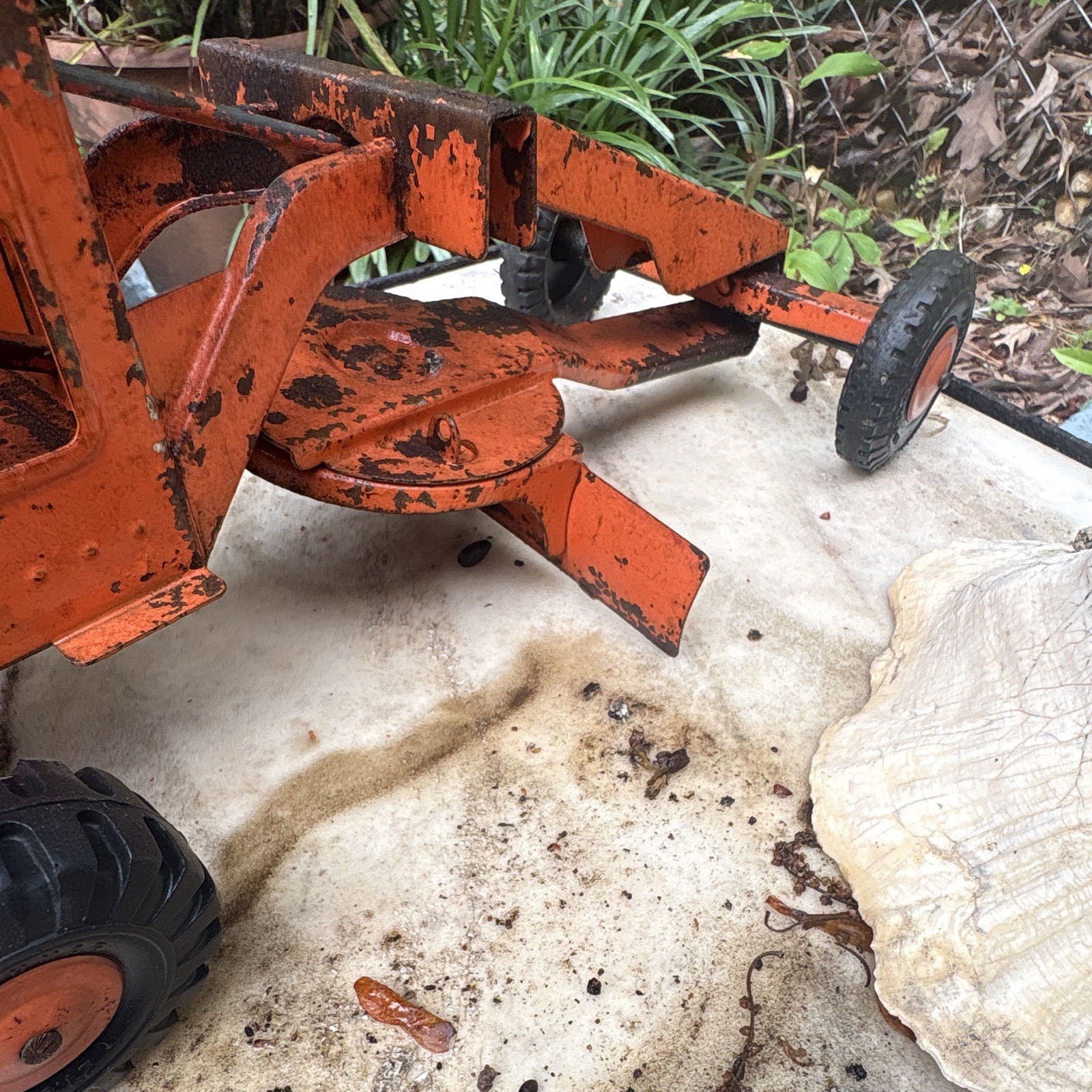 Vintage Road Grader Construction Toy, Pressed Steel, Orange & Black Lumar tires