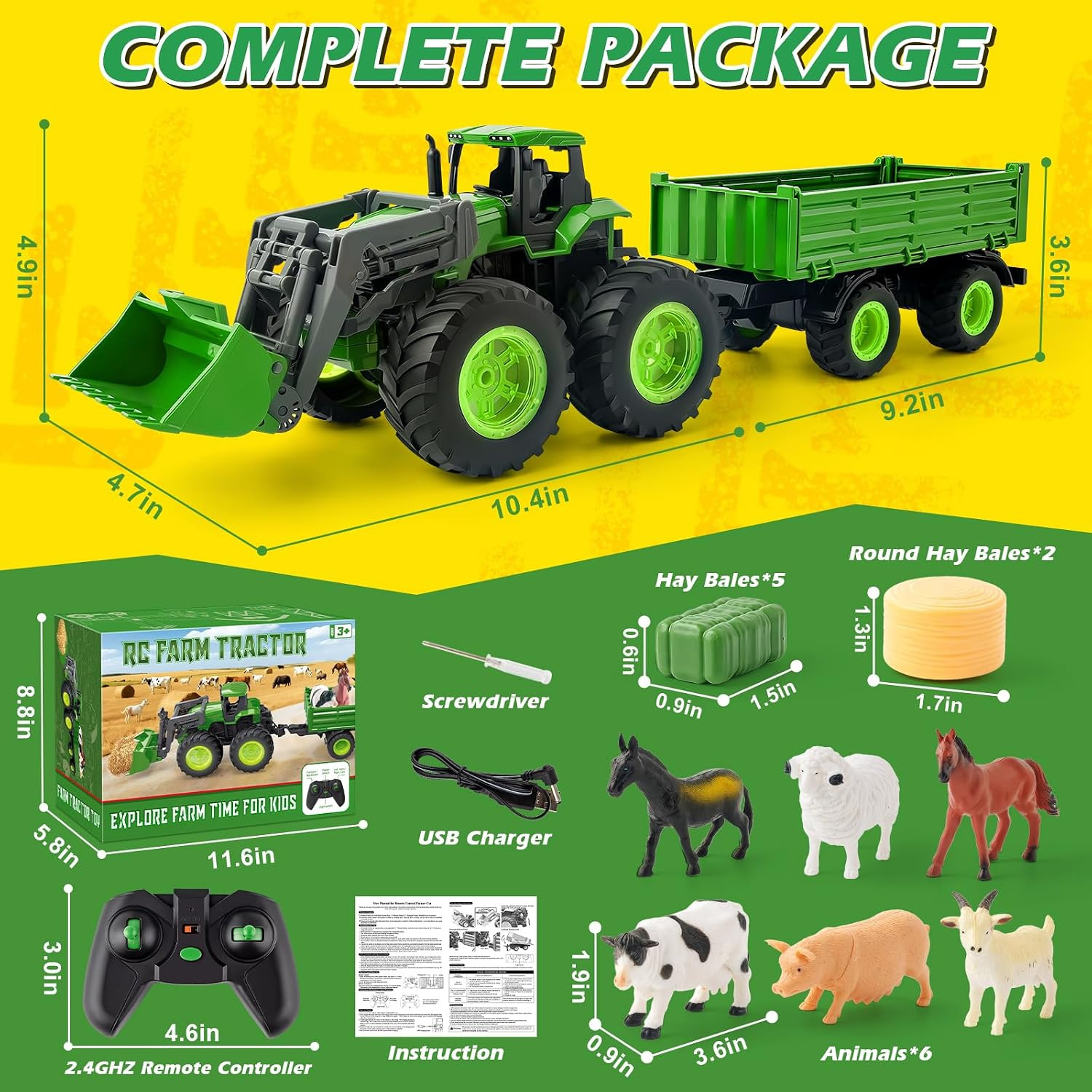 Remote Control Tractor Toy Set with Trailer & Farm Accessories, Light up Farm Tr