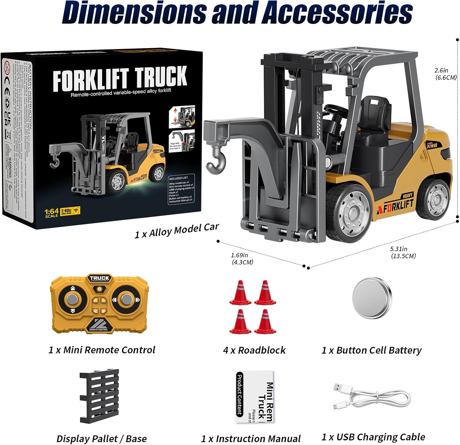 Mini Forklift Remote Control 1:64 RC Forklift Toy, 2.4GHz Construction Vehicle w