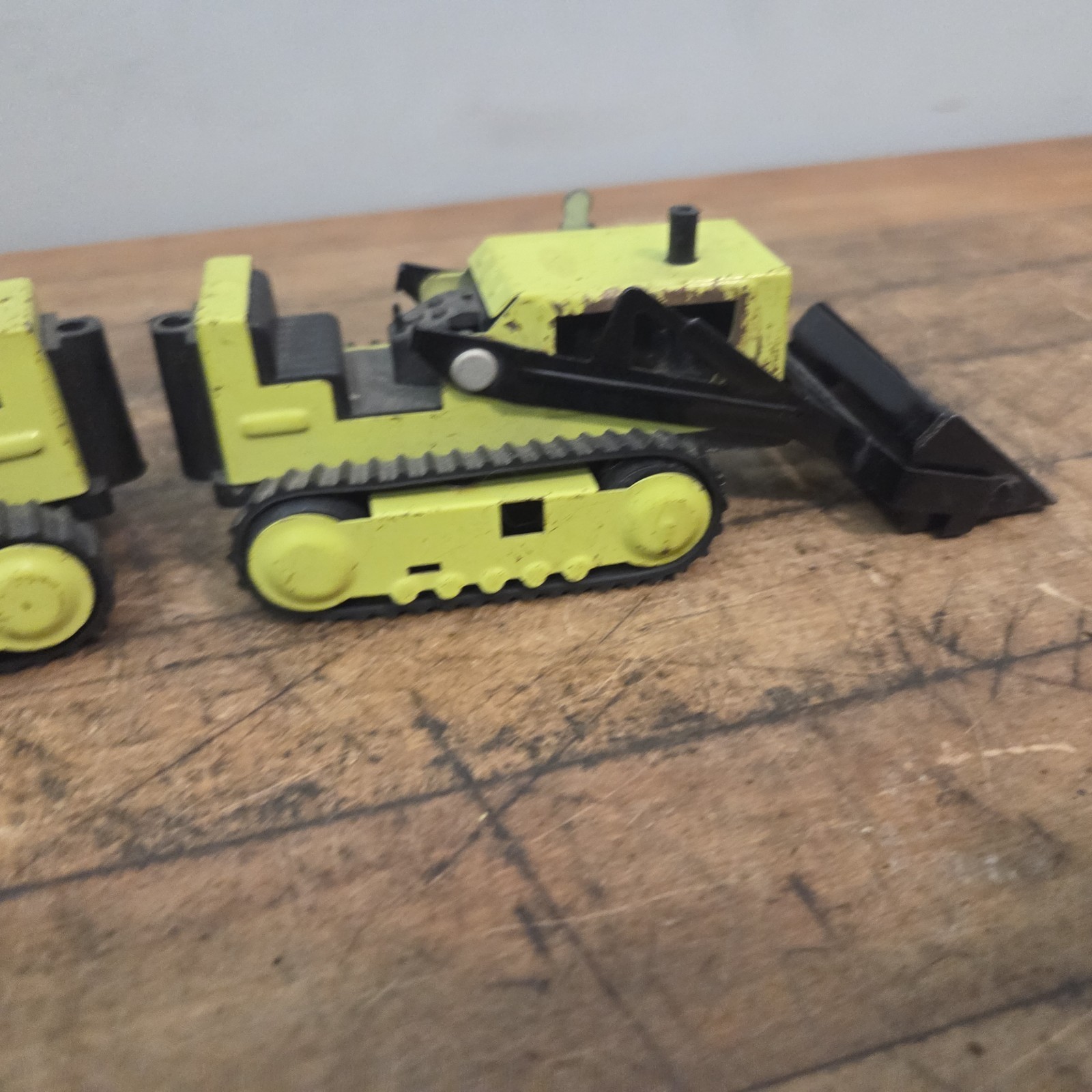 2 Vintage 1970s Tonka Green & Black Mini 1:43 Bulldozer Front End Loader 5.5”
