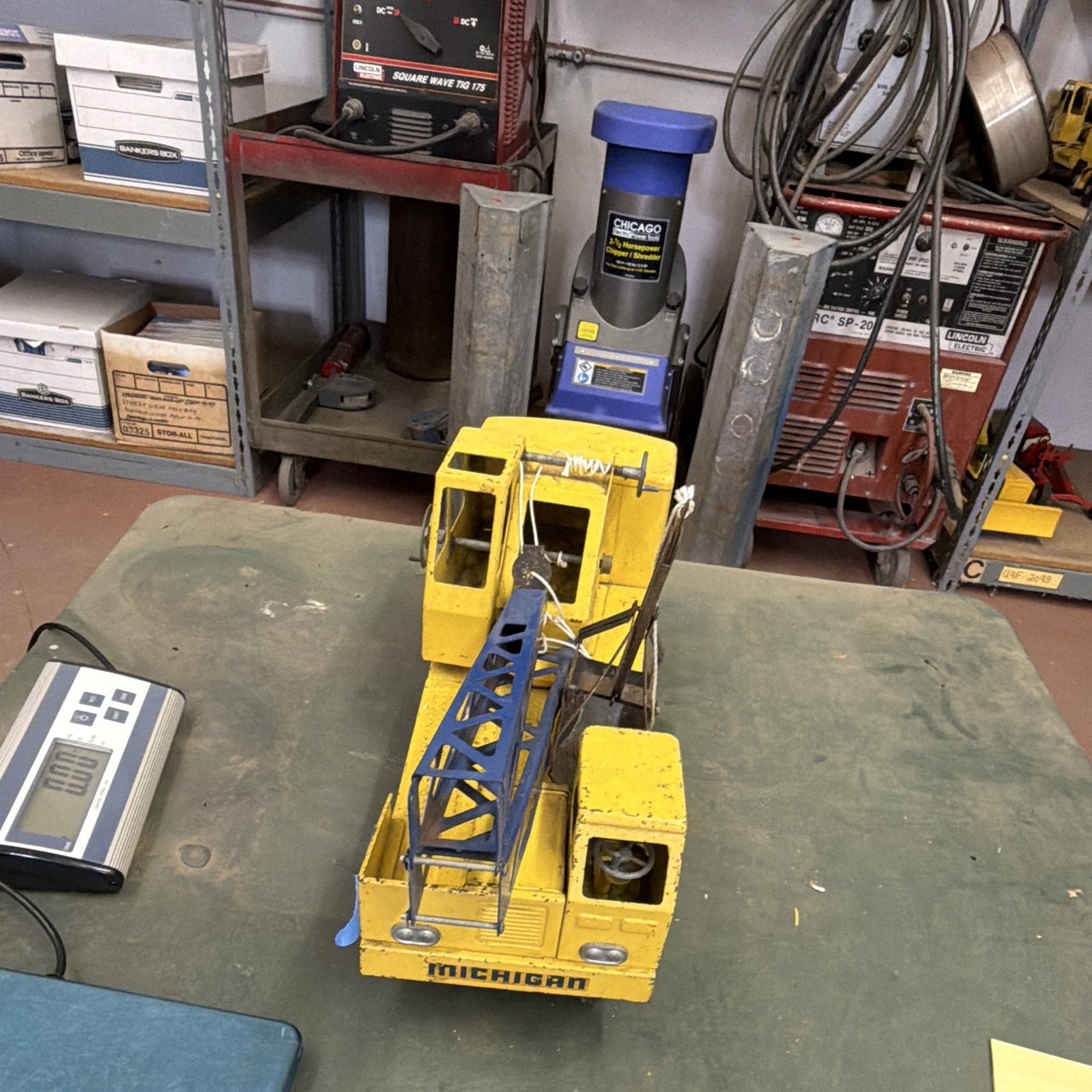 Michigan Vintage Yellow/Blue Pressed Steel Crane Construction Vehicle Toy