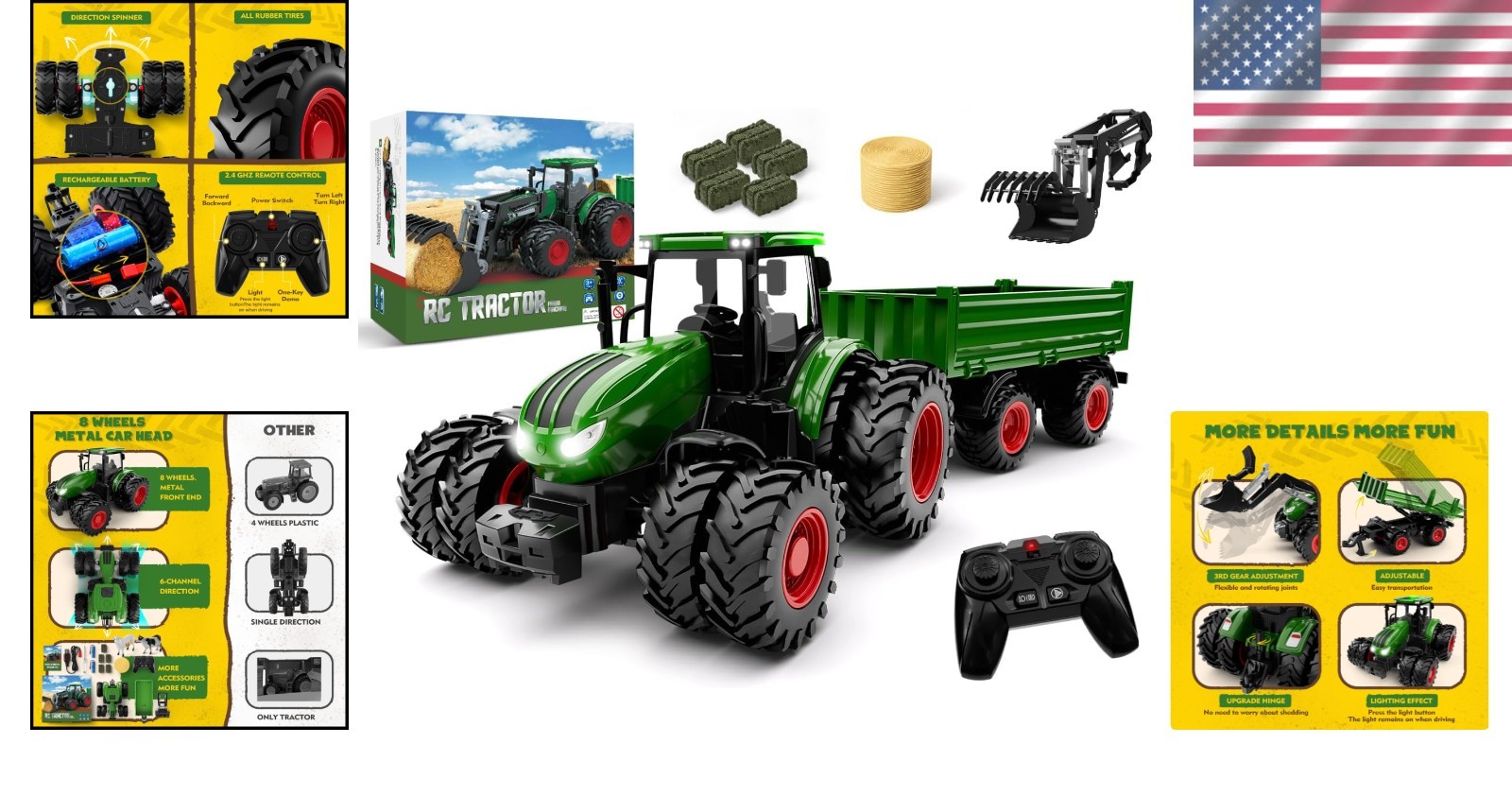 Realistic 8-Wheel RC Tractor with Metal Loader & Lights – Perfect Gift for Kids