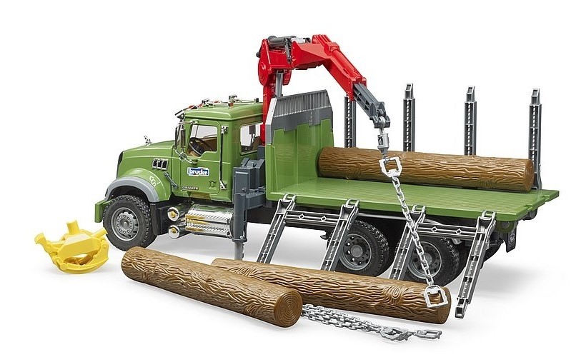 BRUDER – MACK GRANITE Wooden Transport Truck with Crane and Logs – 1/1…