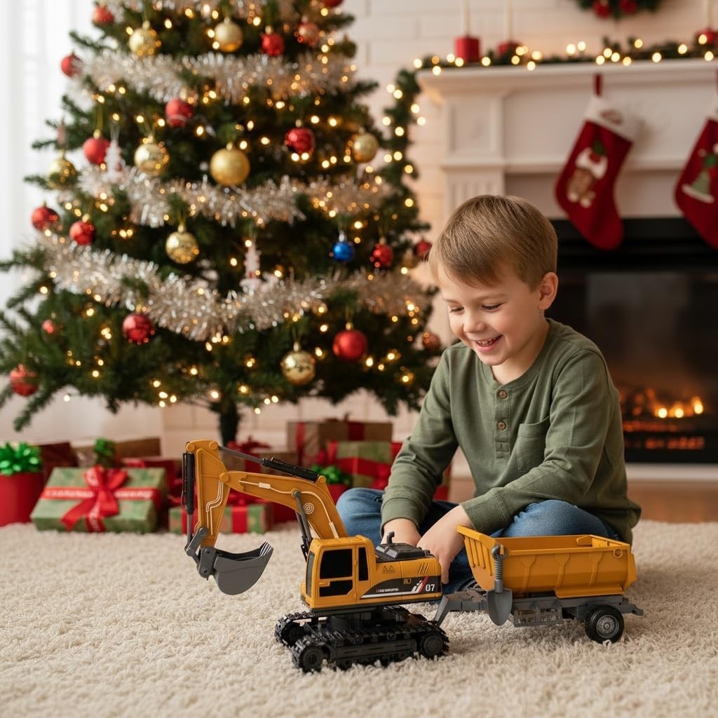 RC Excavator & Sand Hauler 4-in-1 Toy Set Gift 4-8 | 4-in-1: metal/ABS buckets,