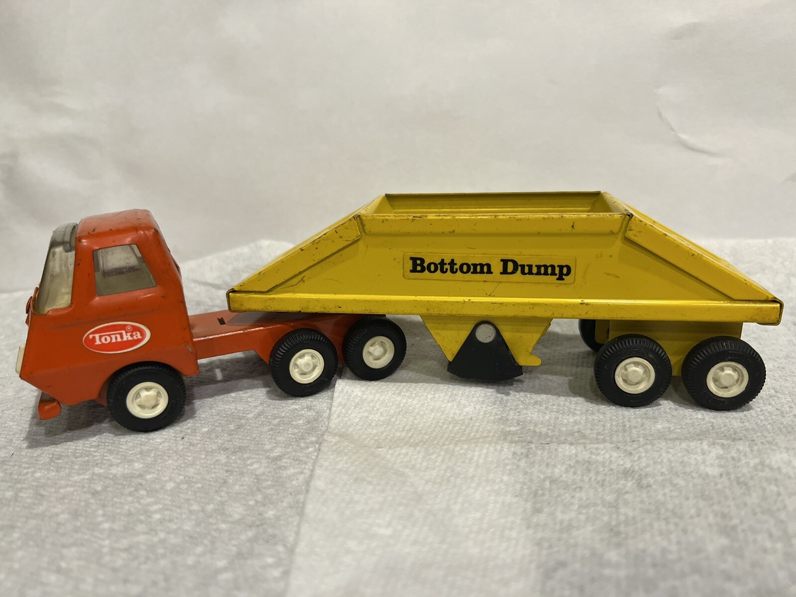 Vintage Metal Orange Tonka Truck With Bottom Dump trailer