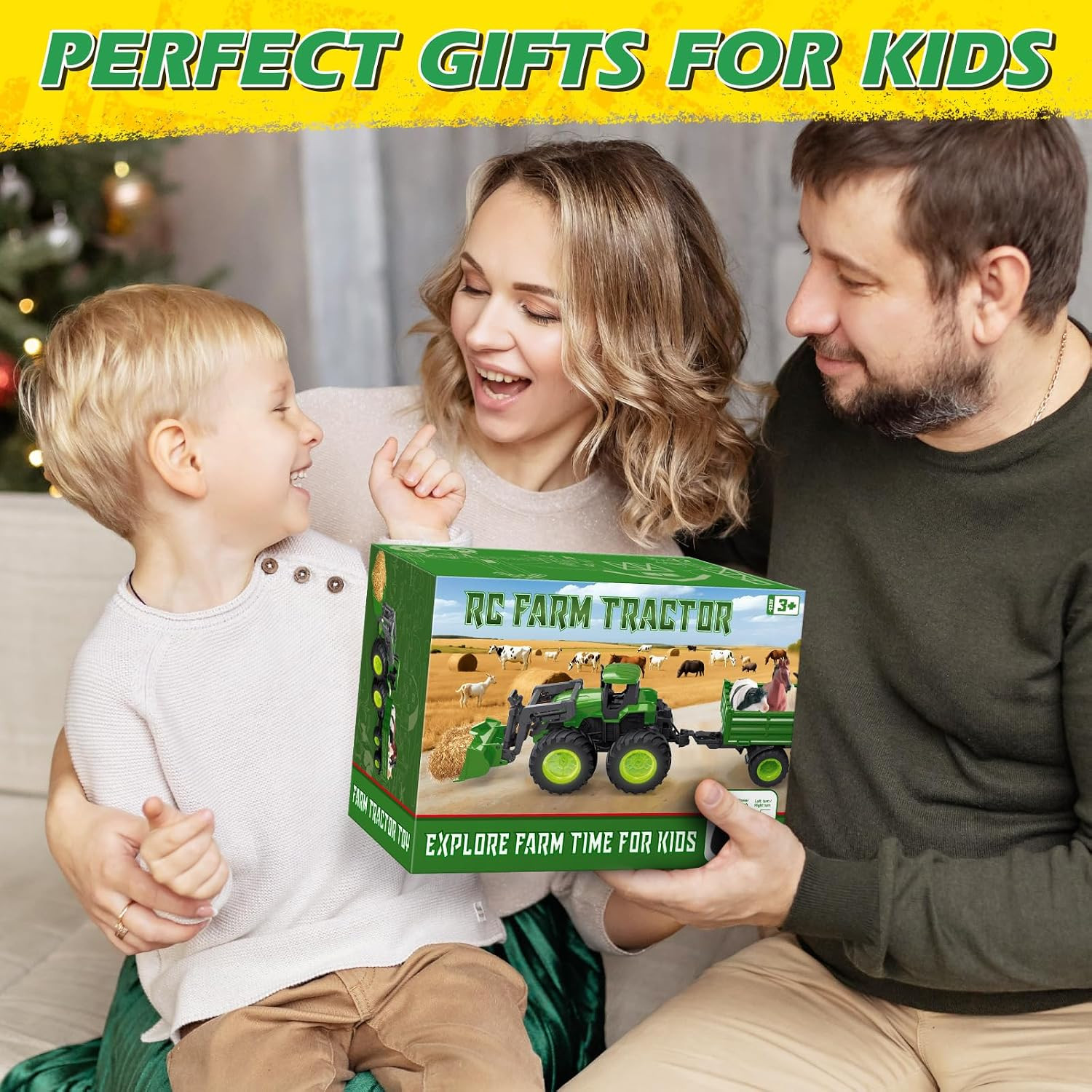 Remote Control Tractor Toy Set with Trailer & Farm Accessories, Light up Farm Tr
