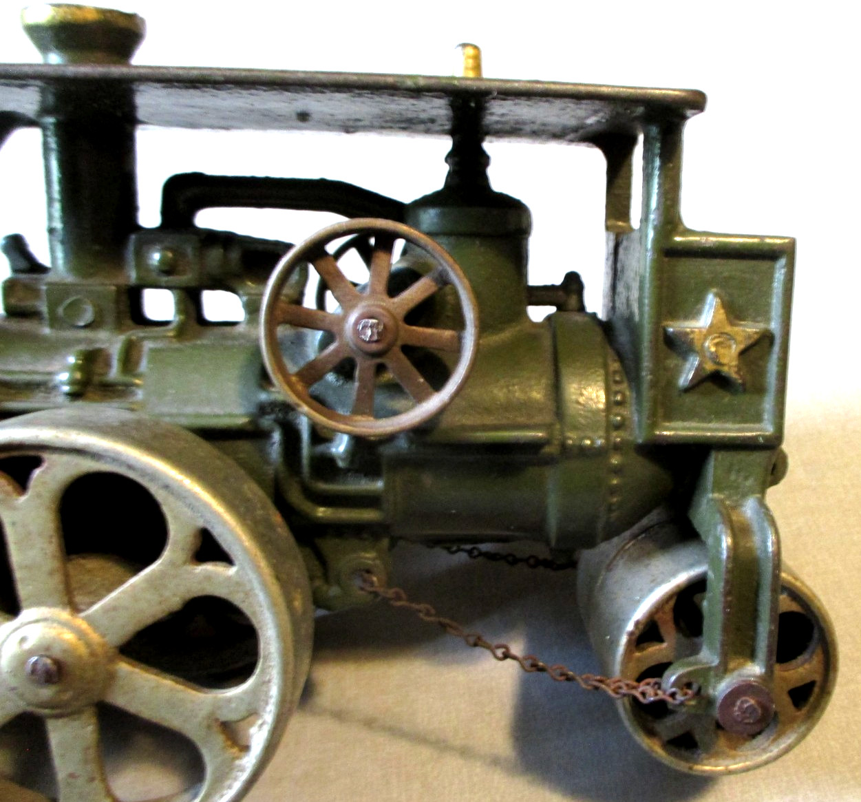 1930- HUBLEY CAST IRON HUBER STEAM ROLLER- 100% ORG- HIGH GRADE ANTIQUE TOY 7.5″