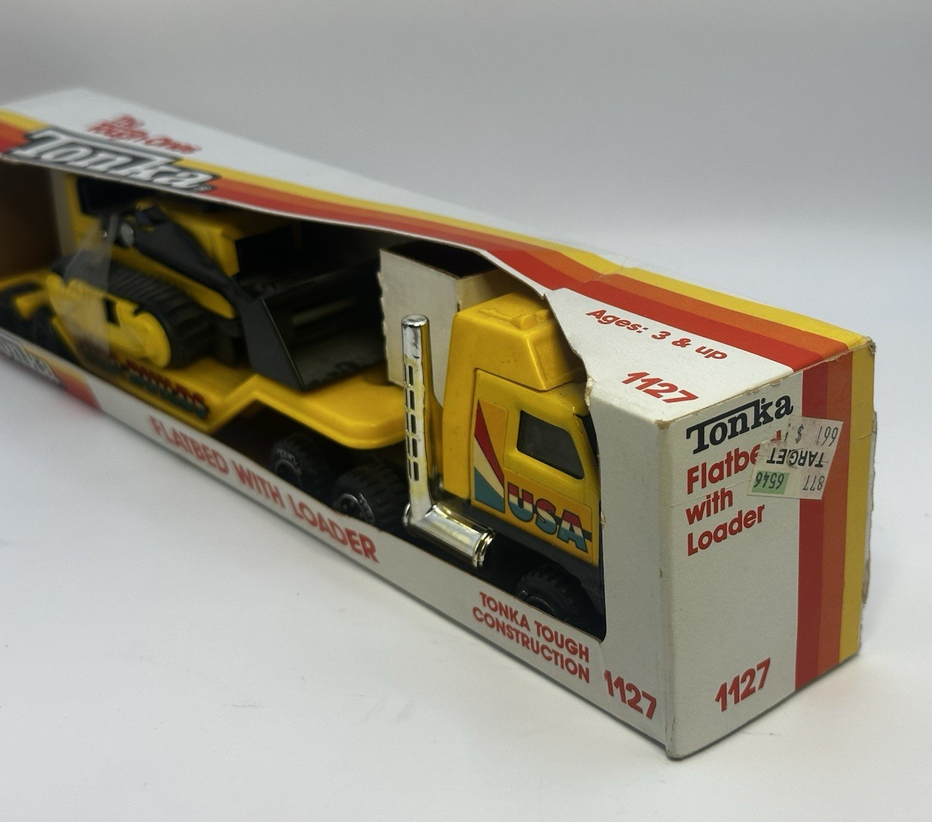 Yellow Tonka USA Builds Toy Tractor Trailer Rig Semi, 12″ Long W/ Bulldozer NIB