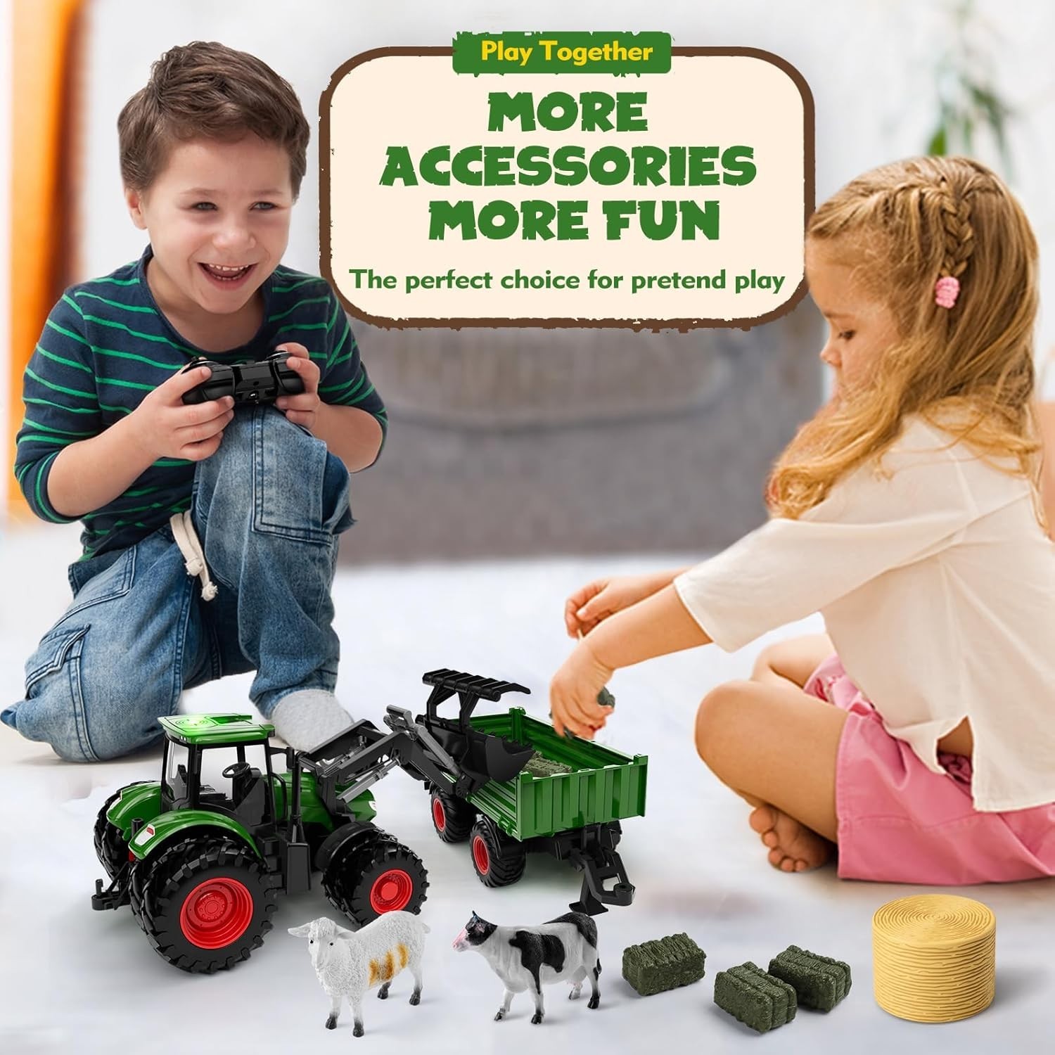 Realistic 8-Wheel RC Tractor with Metal Loader & Lights – Perfect Gift for Kids