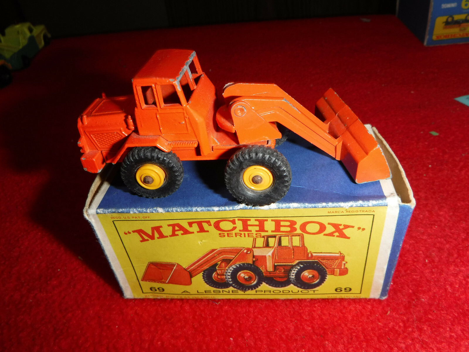 Vintage Lesney Matchbox Hatra Tractor Shovel #69 Solid Orange in Original Box
