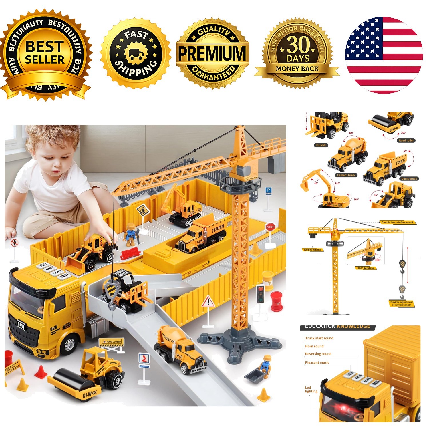 Kids Construction Truck Toys Set w Crane Excavator Forklift Bulldozer Dump