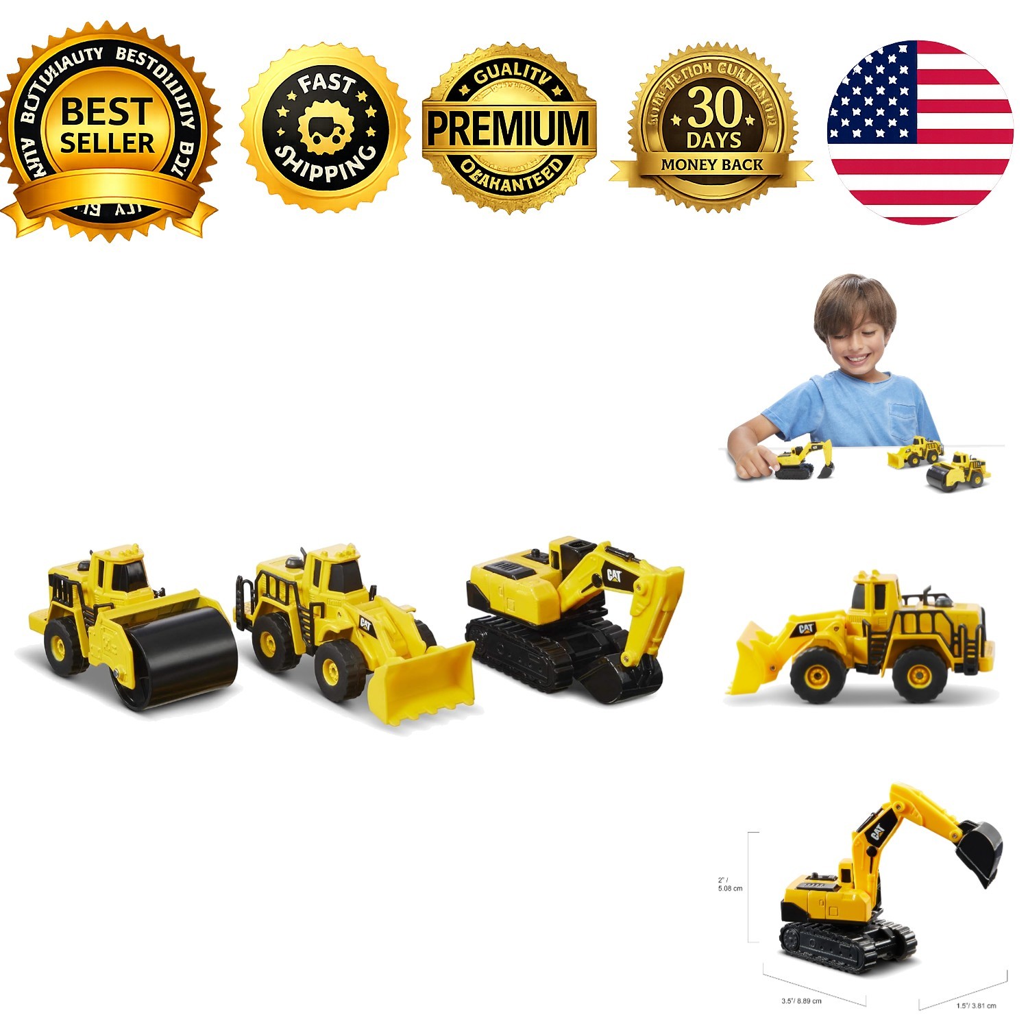 CAT Construction Die Cast Metal 3 Pack Vehicles Steam Roller Excavator Wheel