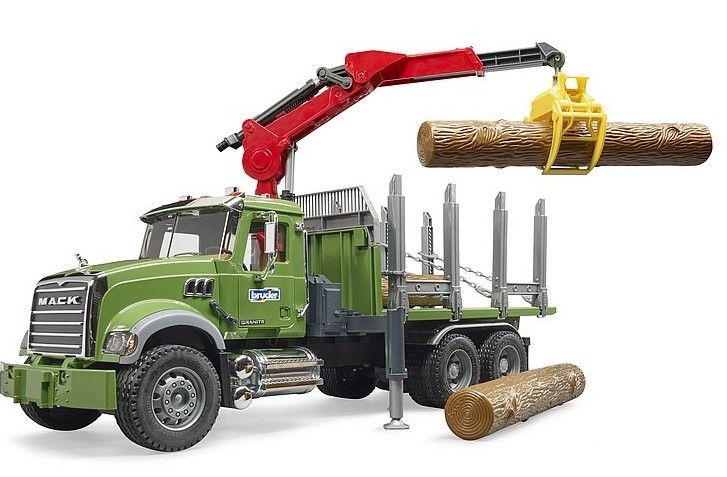 BRUDER – MACK GRANITE Wooden Transport Truck with Crane and Logs – 1/1…