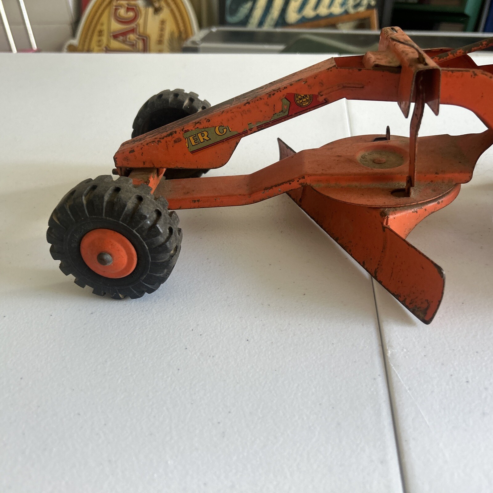 Vintage Marx 1950s Orange Lumar Power Road Grader Pressed Steel Toy USA NICE