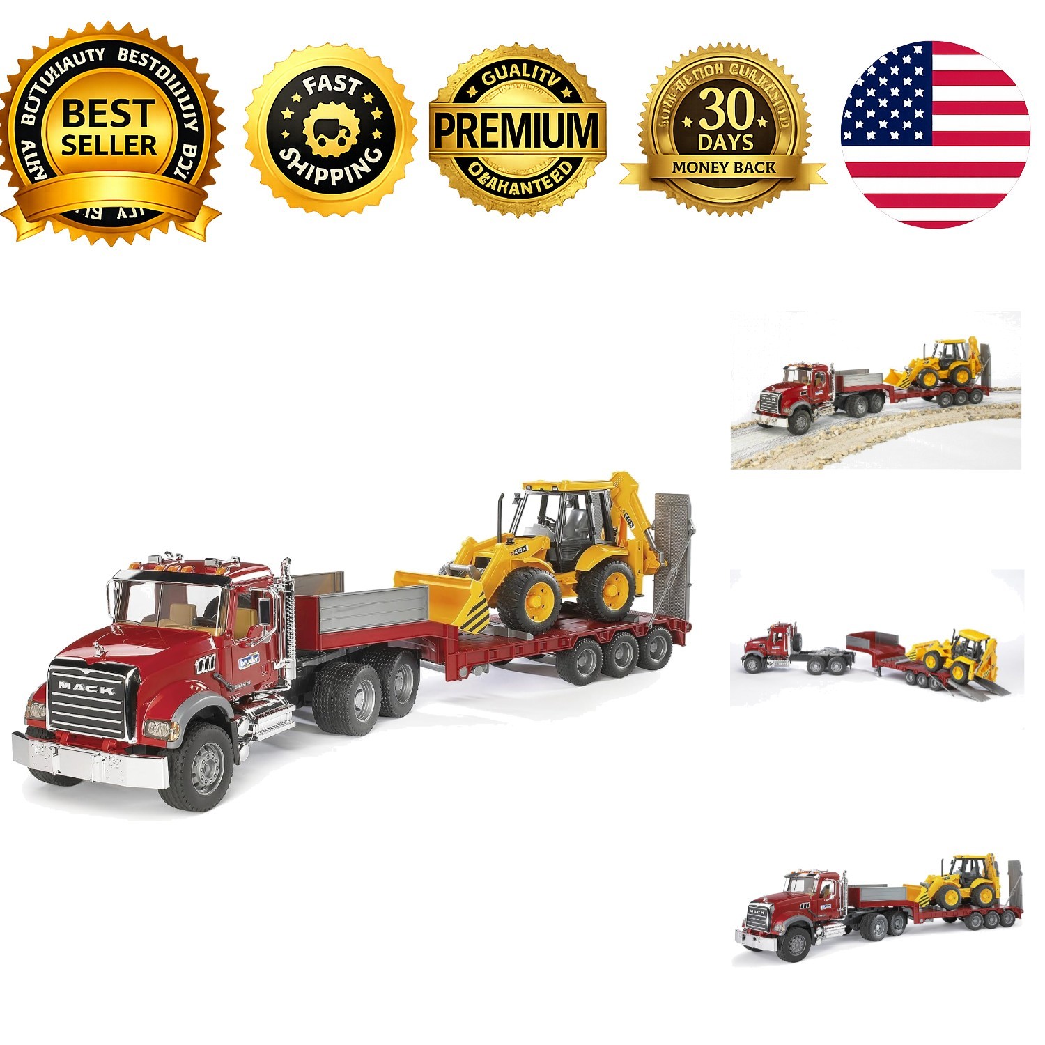 Mack Granite Flatbed Truck with JCB Loader Backhoe 02813 Toys