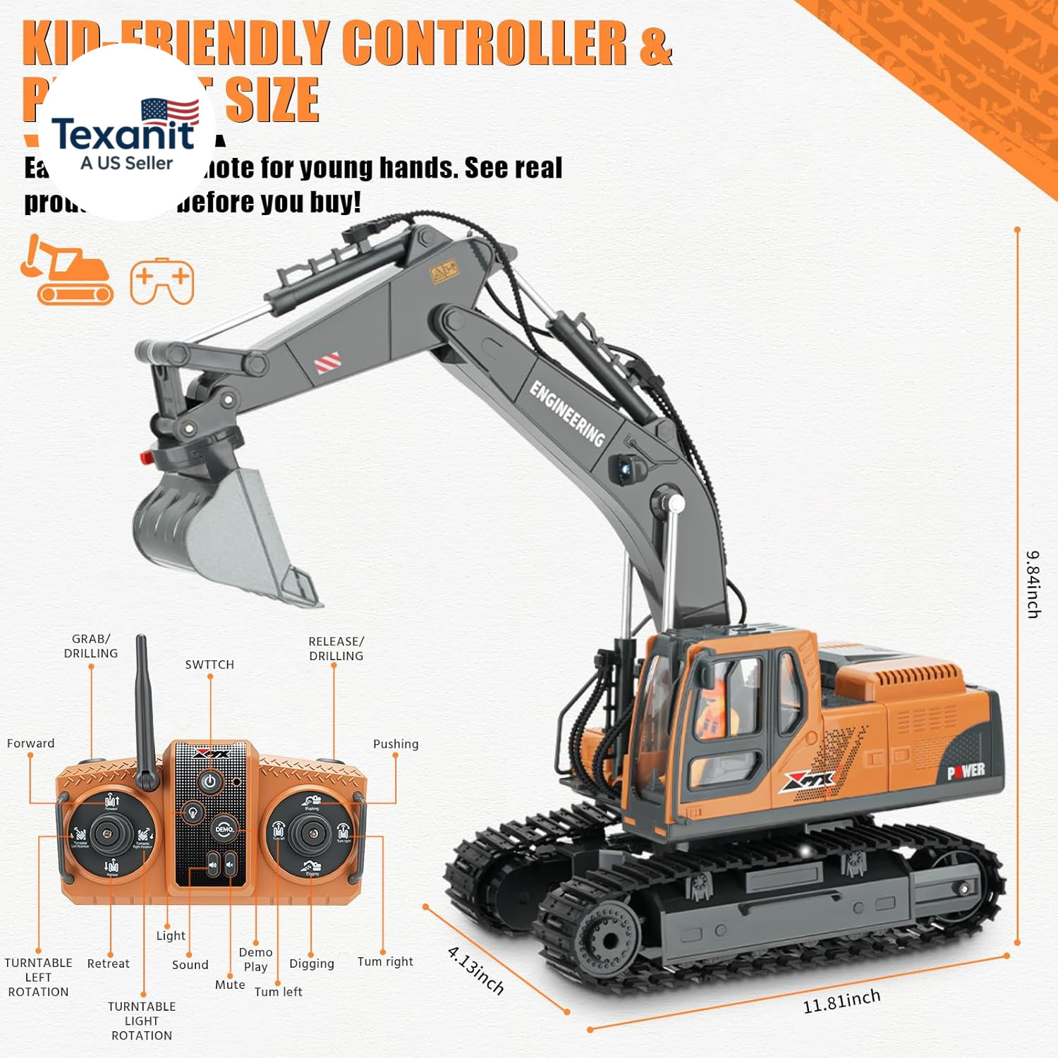 RC Excavator Toy for Boys 3-12, 3-IN-1 Bucket/Claw/Drill, 2.4Ghz 14 Channel Cons