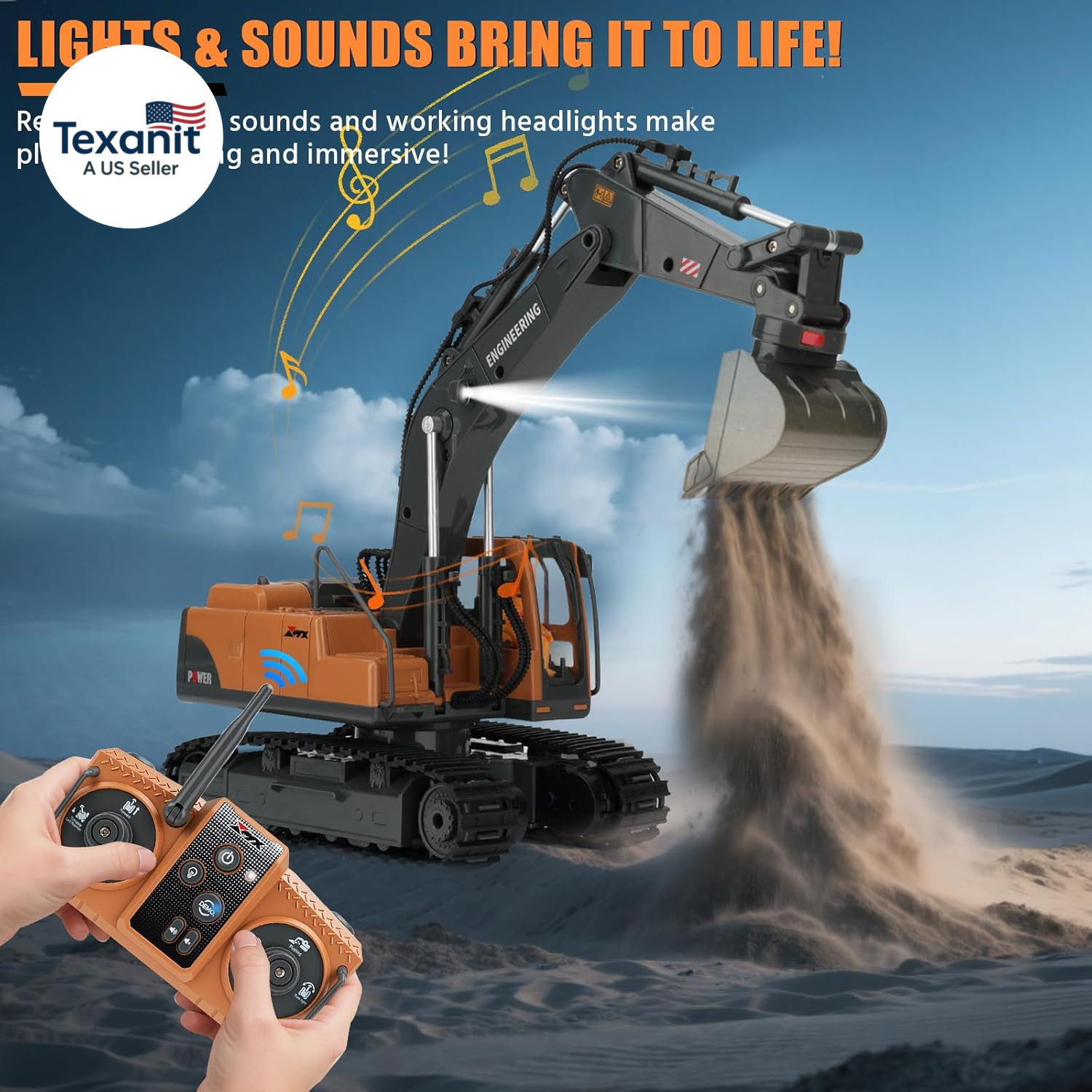 RC Excavator Toy for Boys 3-12, 3-IN-1 Bucket/Claw/Drill, 2.4Ghz 14 Channel Cons