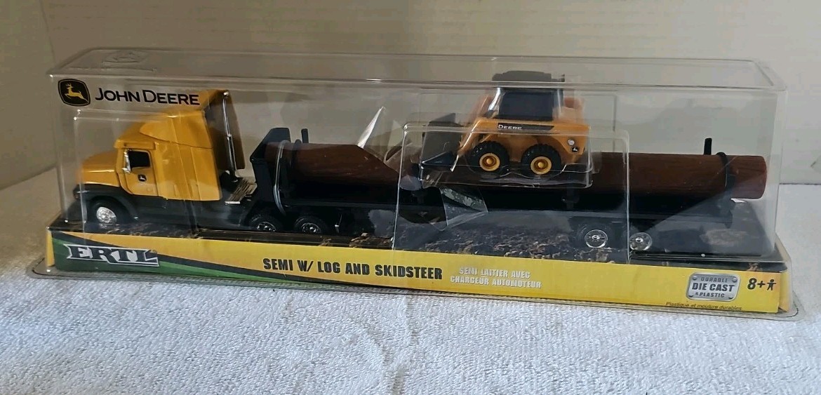 Vintage Die Cast & Plastic John Deere RC2 Ertl Semi W/ Log And Skidsteer 37382.