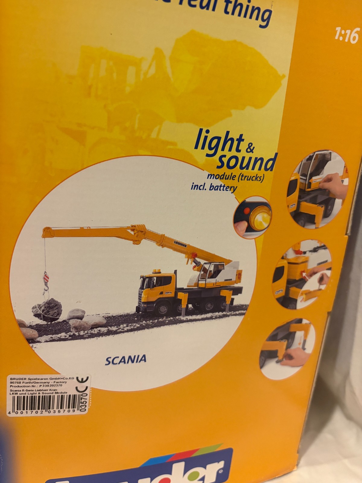 Bruder MACK Scania Liebherr Crane Truck w/ Light & Sound w/Wood Block (Open Box)