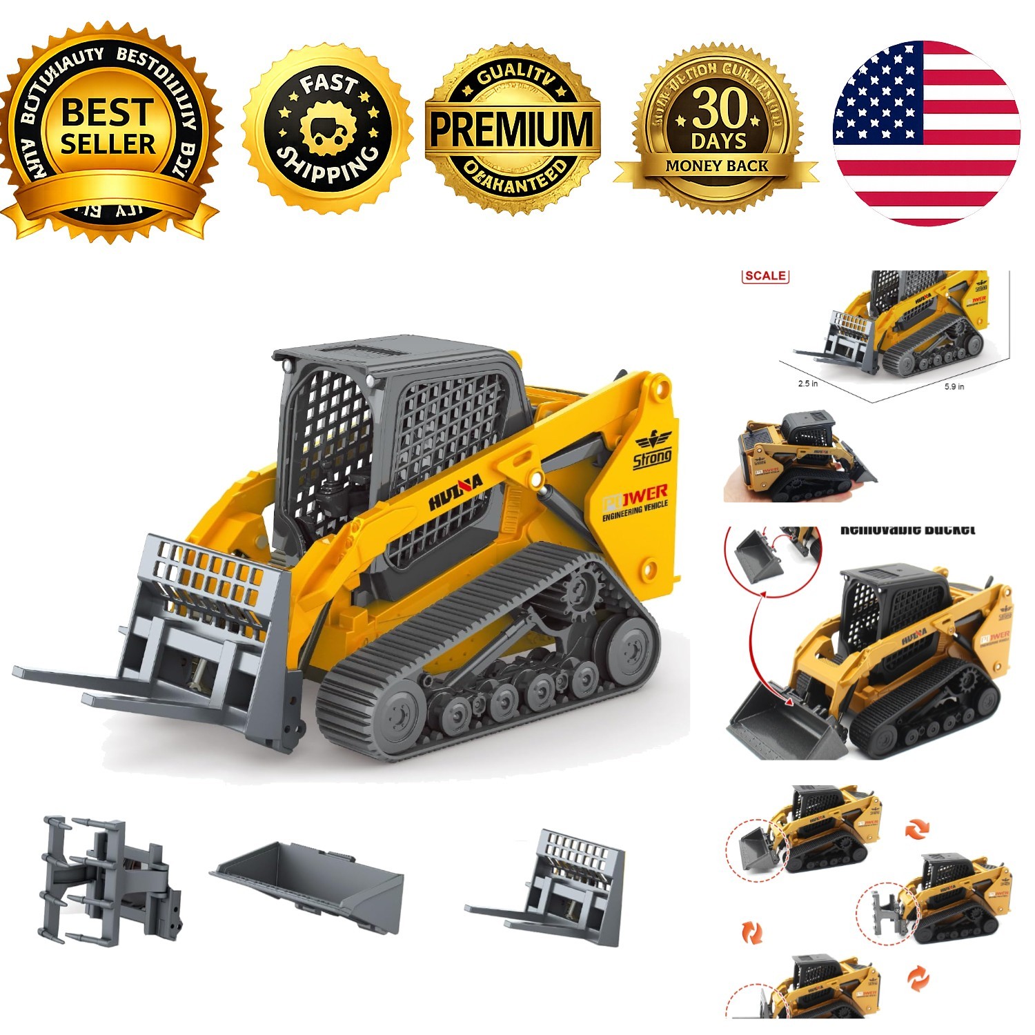 Construction Truck Toy 3 in 1 Skid Steer Loader Metal Forklift Grab Shovel 1/50