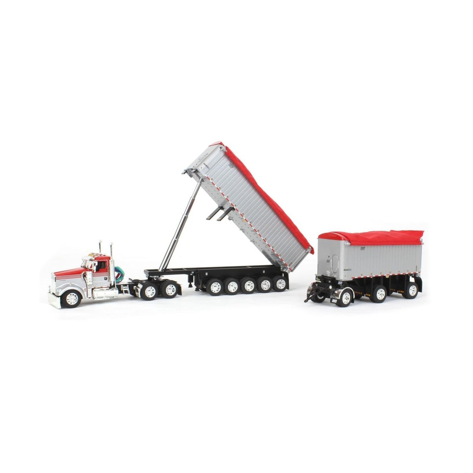 DCP 1/64 Viper Red/Silver Kenworth W900L w/ 31ft & 20ft End Dump Trailers, by…