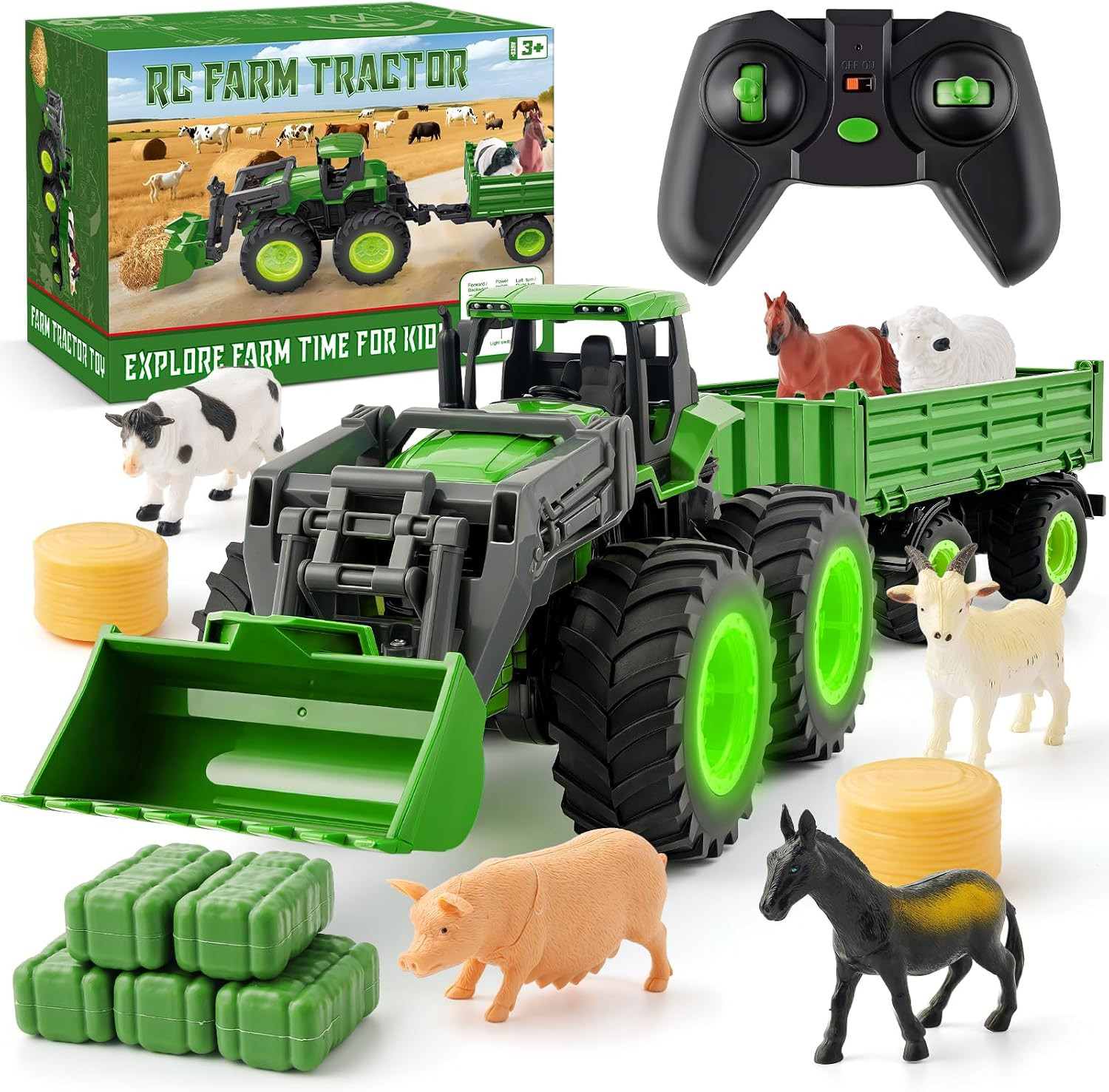 Remote Control Tractor Toy Set with Trailer & Farm Accessories, Light up Farm Tr