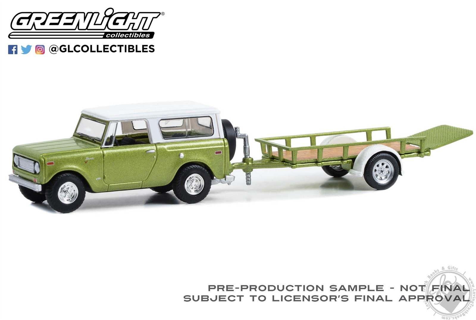 1970 Harvester Scout w/ Utility Trailer, Lime Green Hitch & Tow 30, 1/64 Diecast
