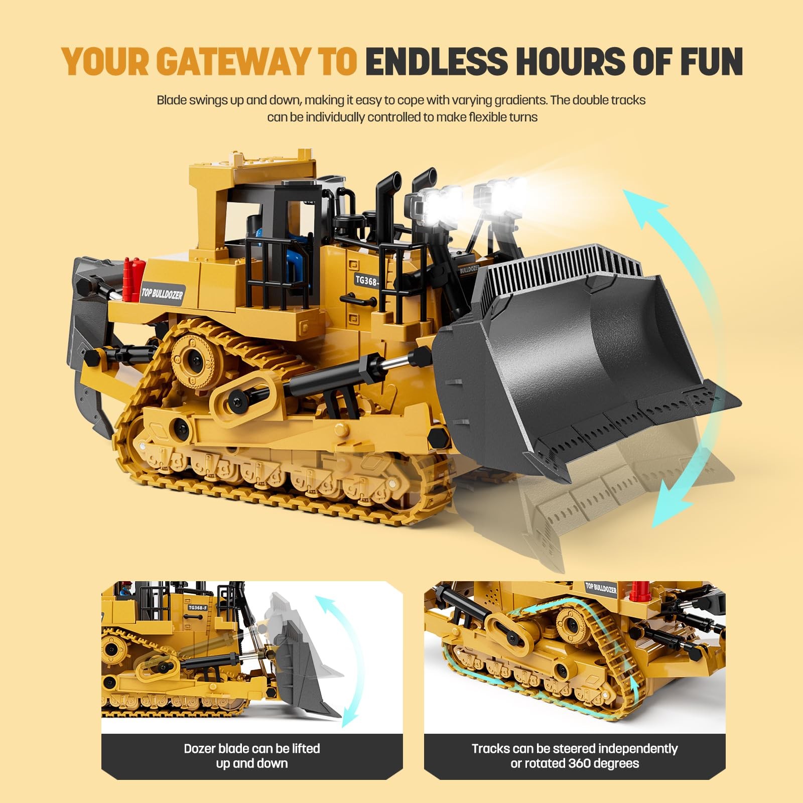 Metal RC Bulldozer Toy for Kids | 9-Channel Remote Control Track-Type Tractor…