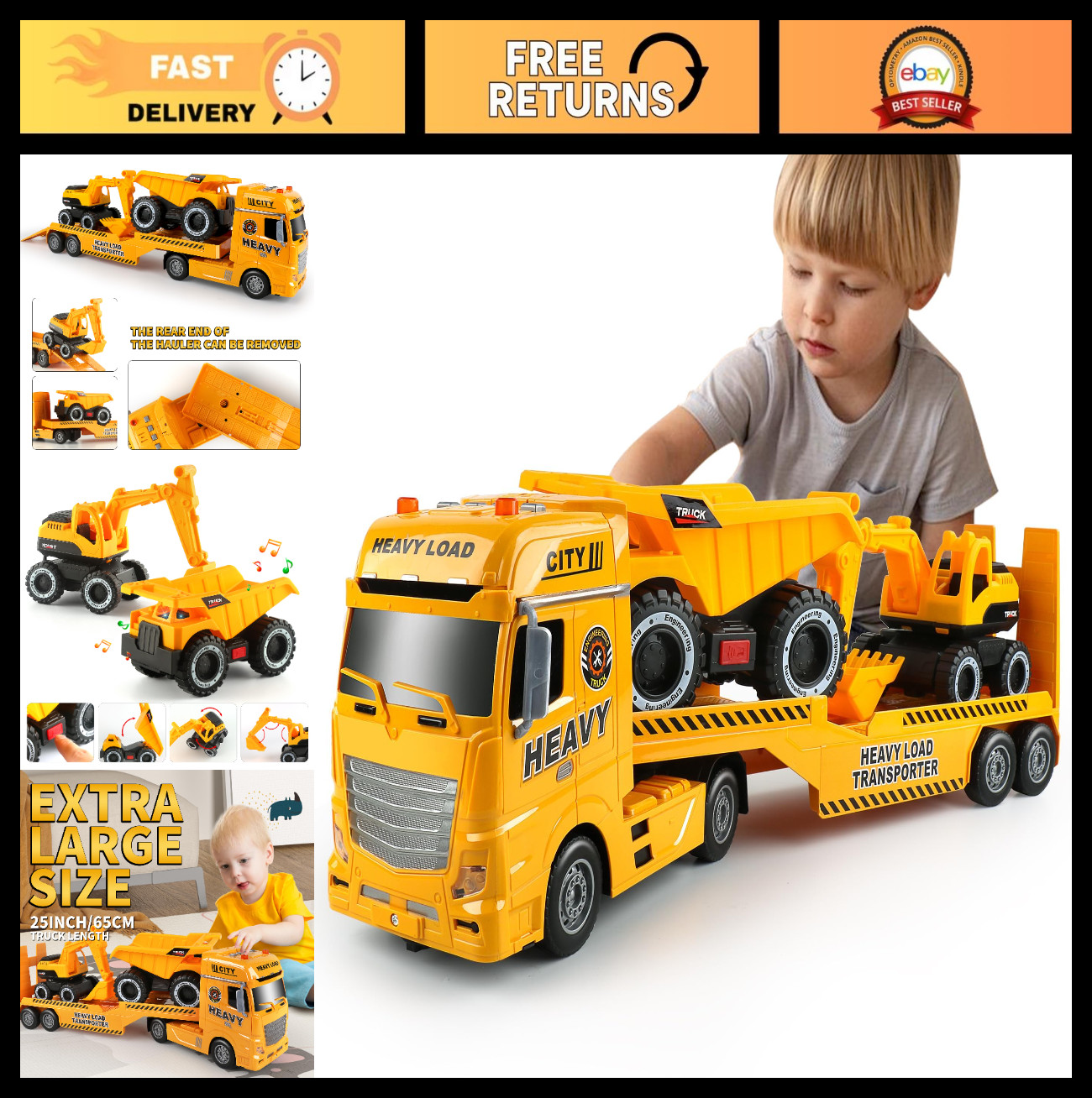 Construction Carrier Truck Toy Set – 25.6″ Semi-Trailer, Excavator & Dump Truck