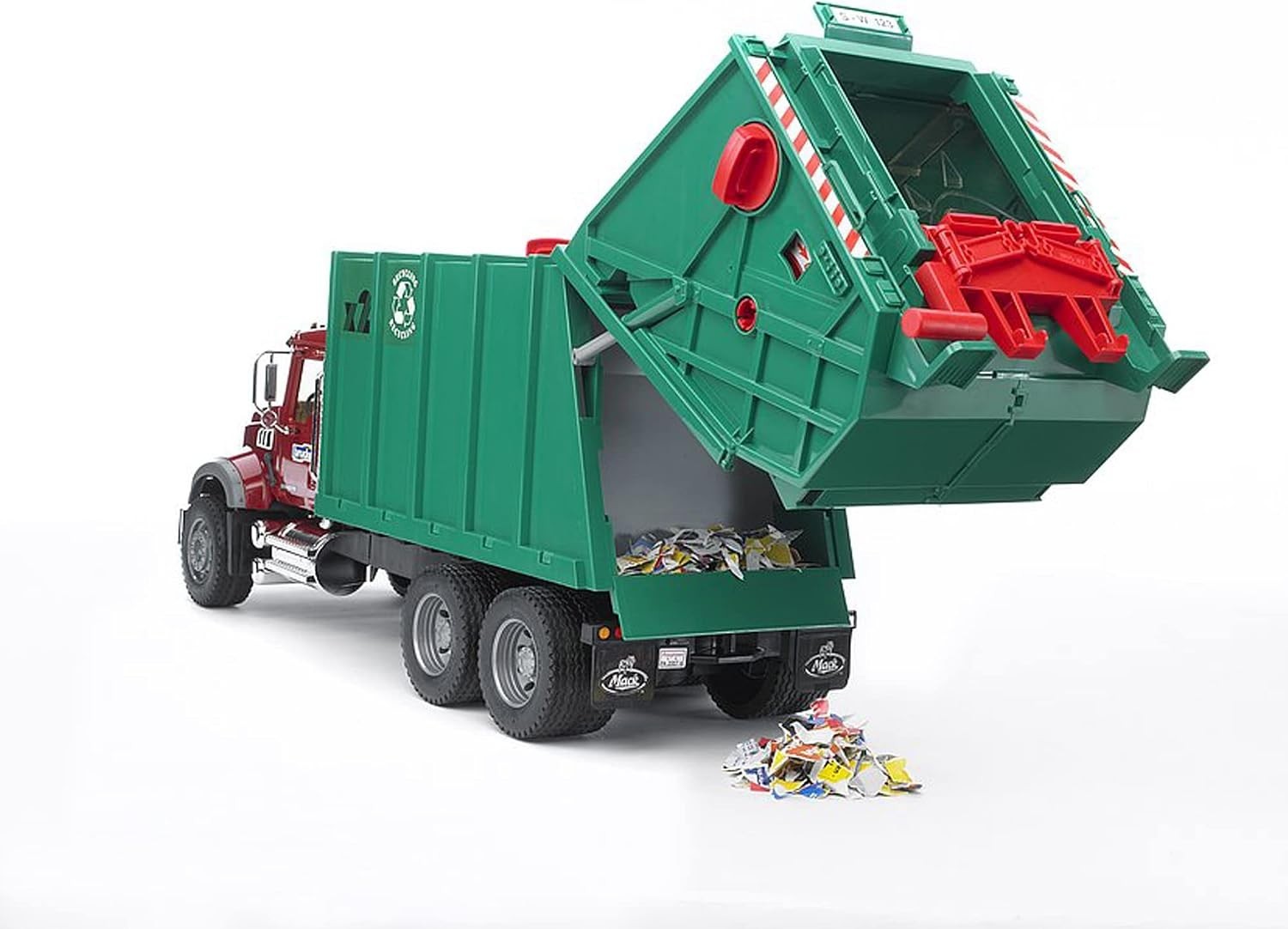 Realistic Mack Granite Rear Loading Garbage Truck for Kids | Ages 4+, Red/Green