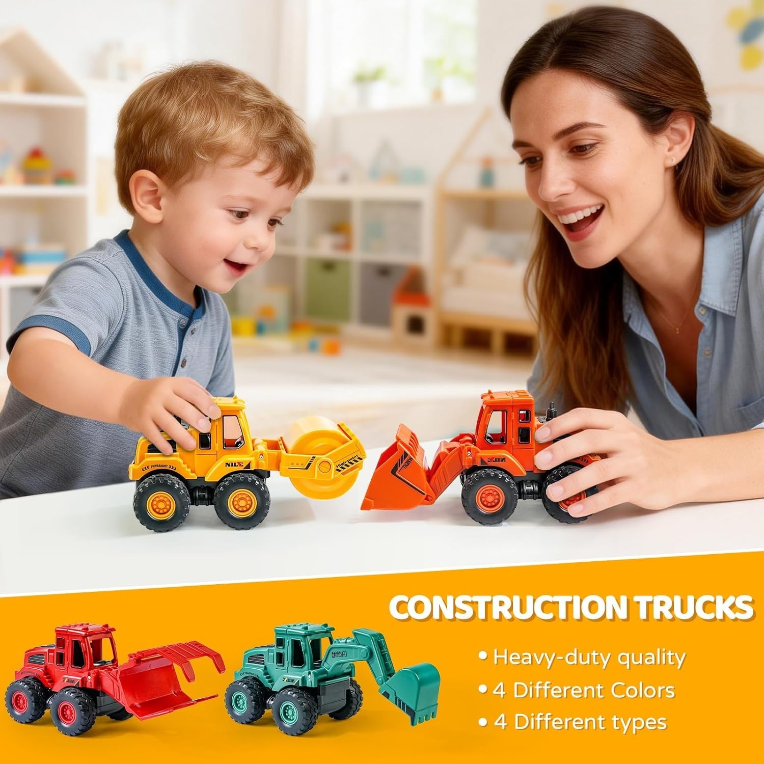 Friction Powered Construction Truck Toys 4-Pack Excavator Bulldozer Kids Boys