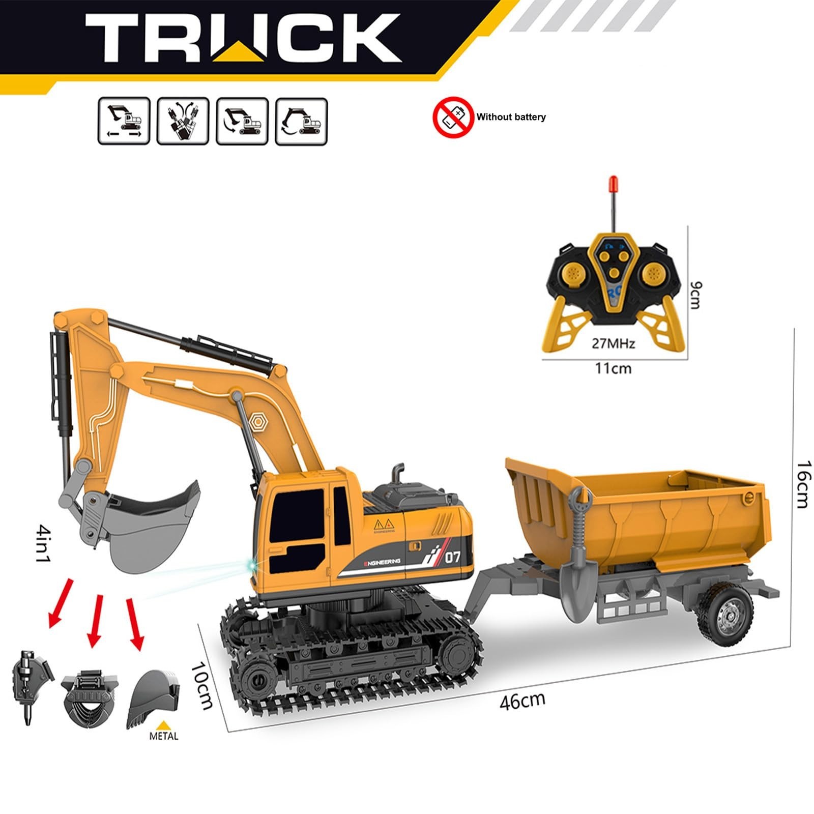 RC Excavator & Sand Hauler 4-in-1 Toy Set Gift 4-8 | 4-in-1: metal/ABS buckets,