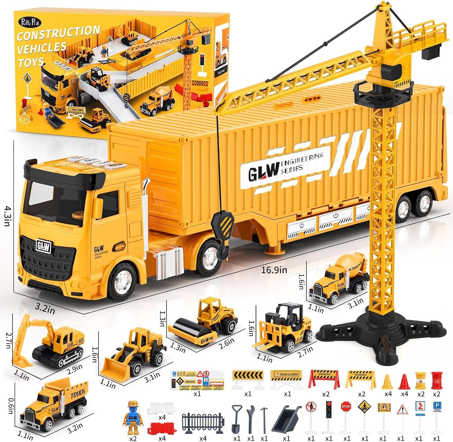 Kids Construction Truck Toys Set w Crane Excavator Forklift Bulldozer Dump