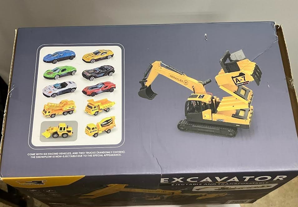 Toy Excavator Ejectable & Transformable +6 Cars + Tracks Lights & Sounds NIB