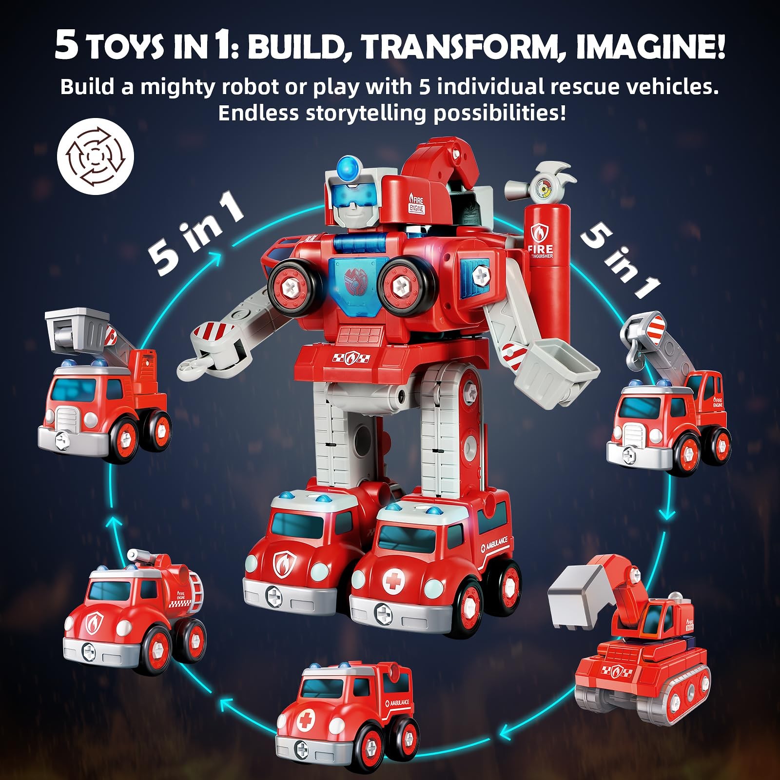 3 4 5 6 Year Old Boy Birthday Gift, 5-in-1 Take Apart Fire Truck Toys, Transf…