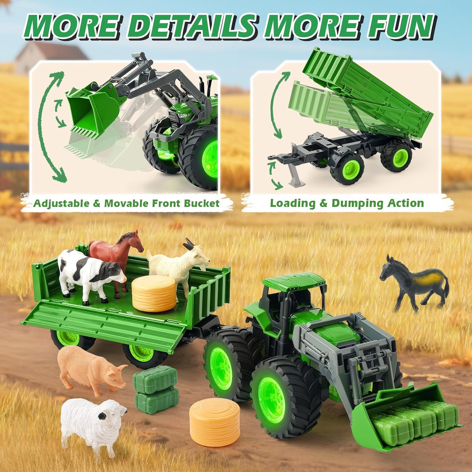 Remote Control Tractor Toy Set with Trailer & Farm Accessories, Light up Farm Tr