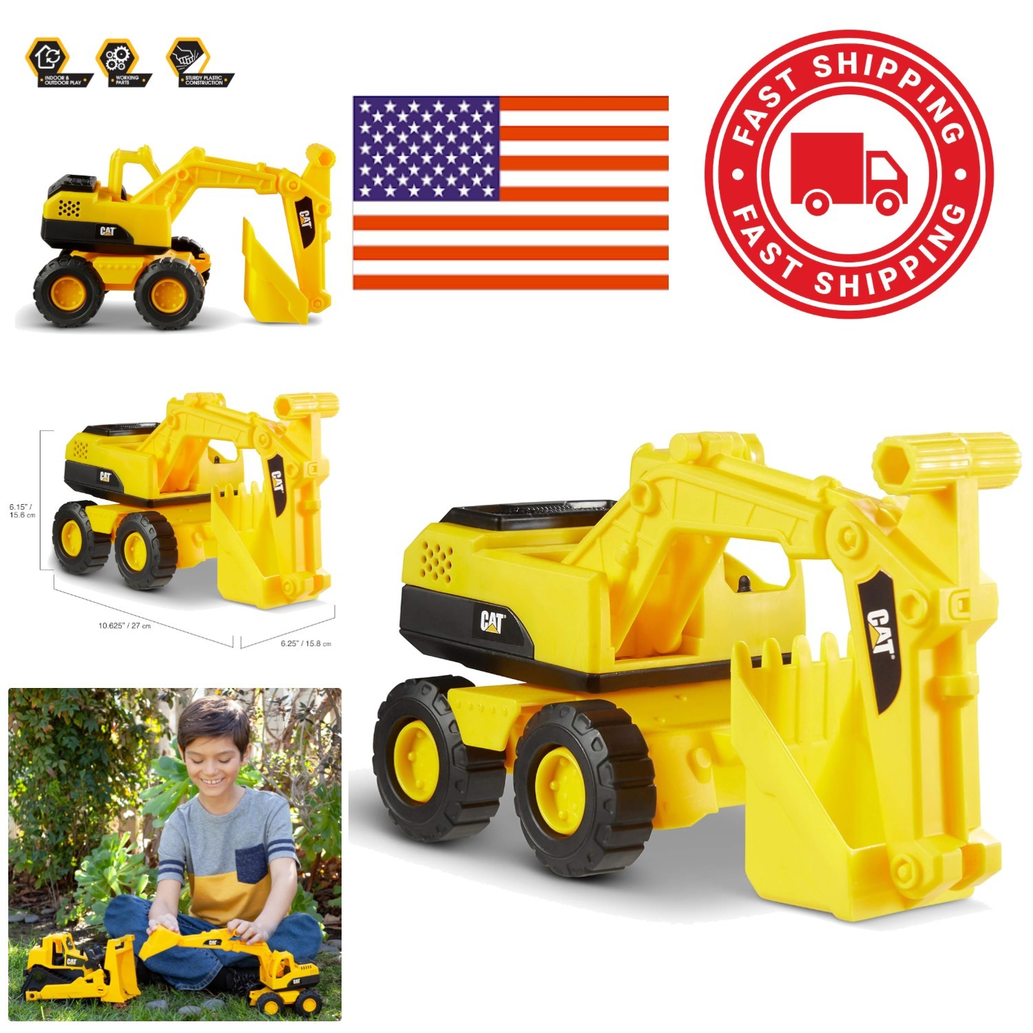Kids Excavator Toy Vehicle 10 Inch Durable Plastic for Indoor Outdoor Fun
