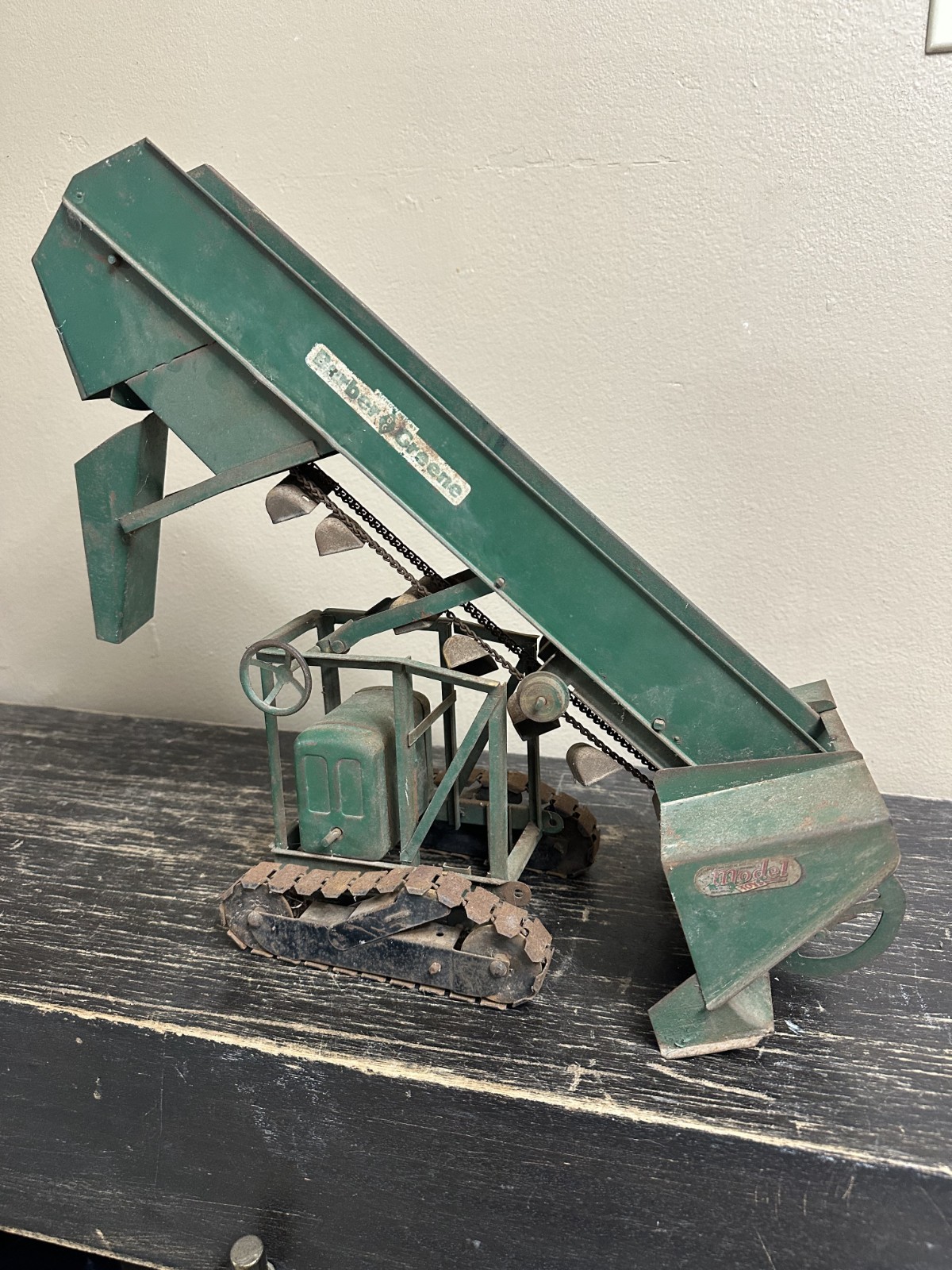 Vintage Doepke Barber Greene Bucket Loader, Green Pressed Steel Toy, 1950’s