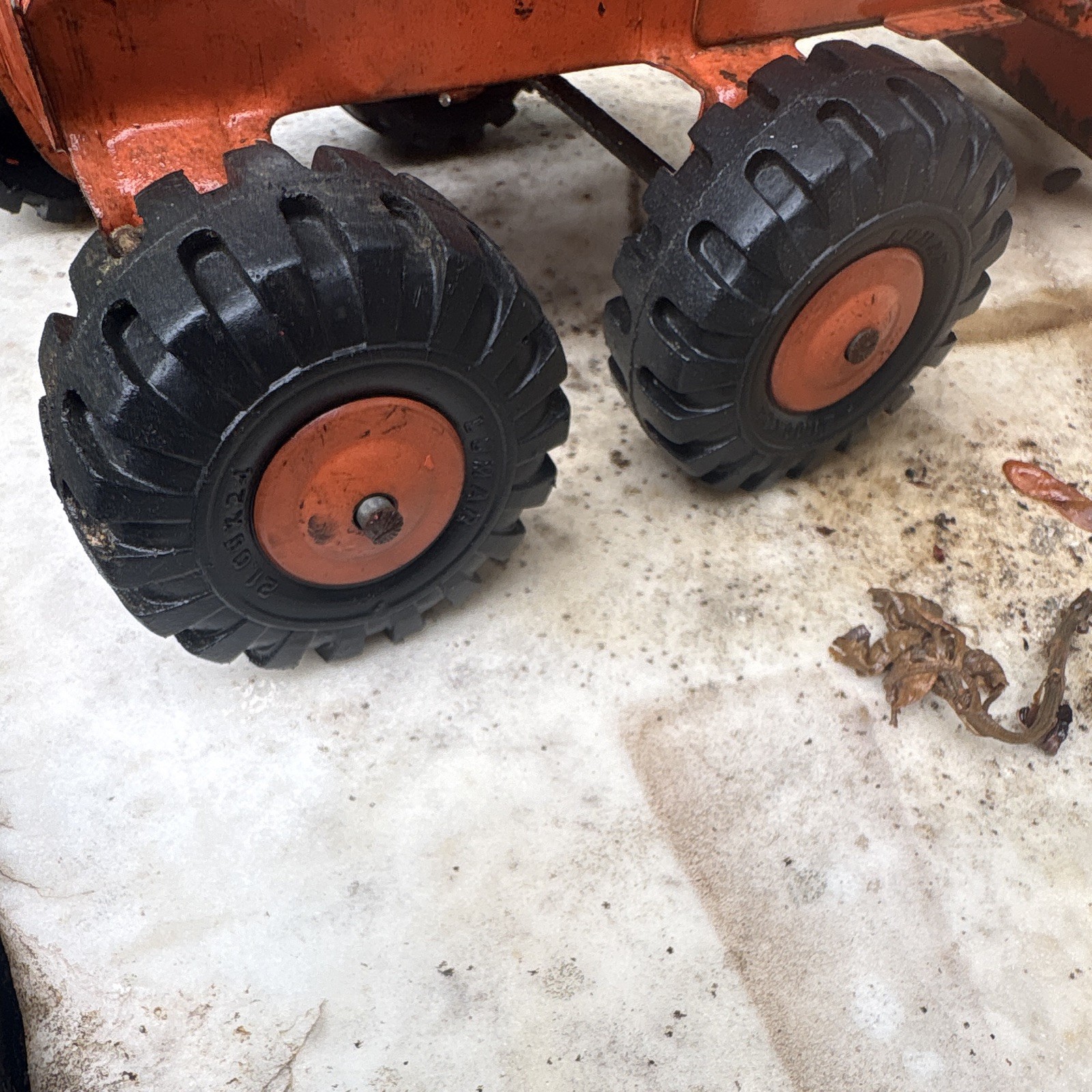 Vintage Road Grader Construction Toy, Pressed Steel, Orange & Black Lumar tires