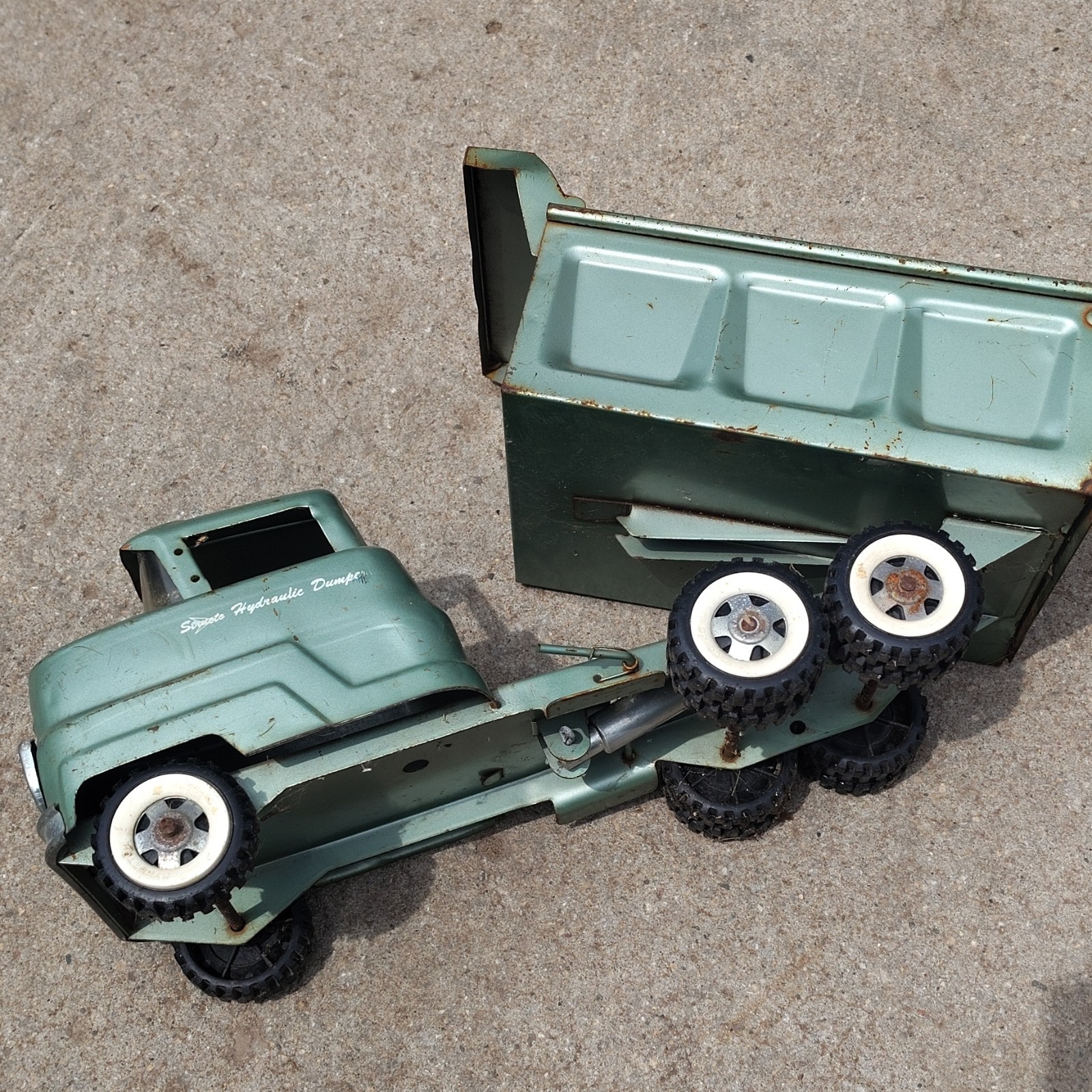 Vintage Green Toy Dump Truck with Tilting Dump Bed